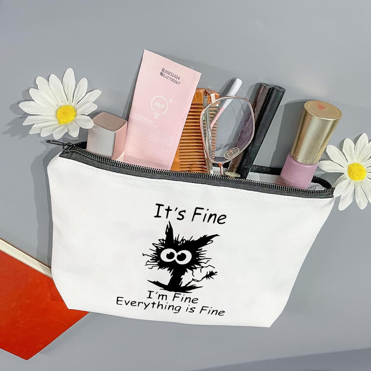 Cat Lover Gift Funny Black Cat Makeup Bag It'S Fine I'M Fine Everything Is Fine Cosmetic Bag Pocket Bag Pouch (It'S Fine MB-AU) image number 3