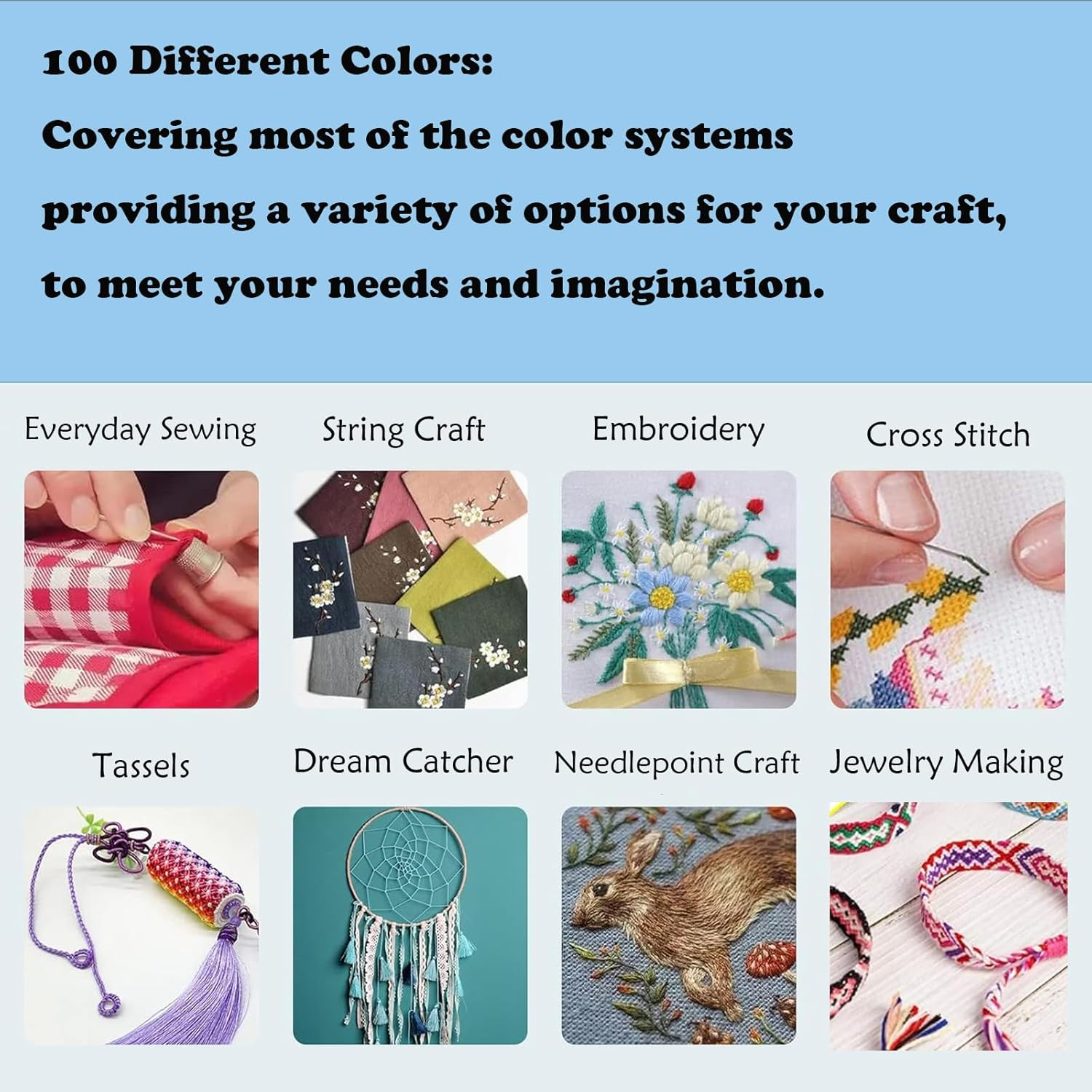 Embroidery Floss Kit - 100 Colors Thread for Cross Stitch, Sewing, Bracelet Crafts + 22 Pcs Accessories (100 Bags) image number 5
