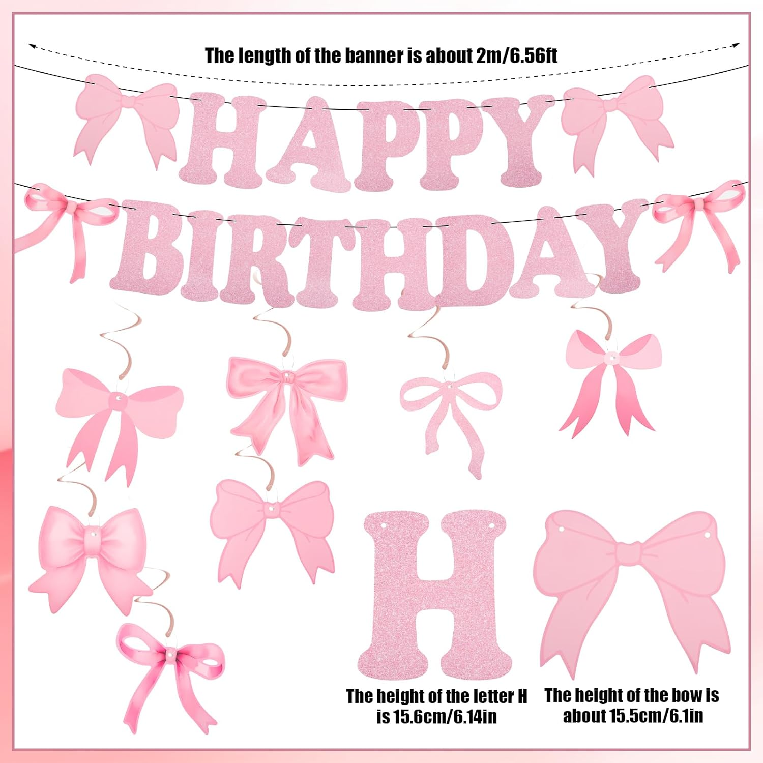 Bow Happy Birthday Banner, Pink Bow Birthday Garland Bow Birthday Banner for Women Girls Birthday Party Decoration