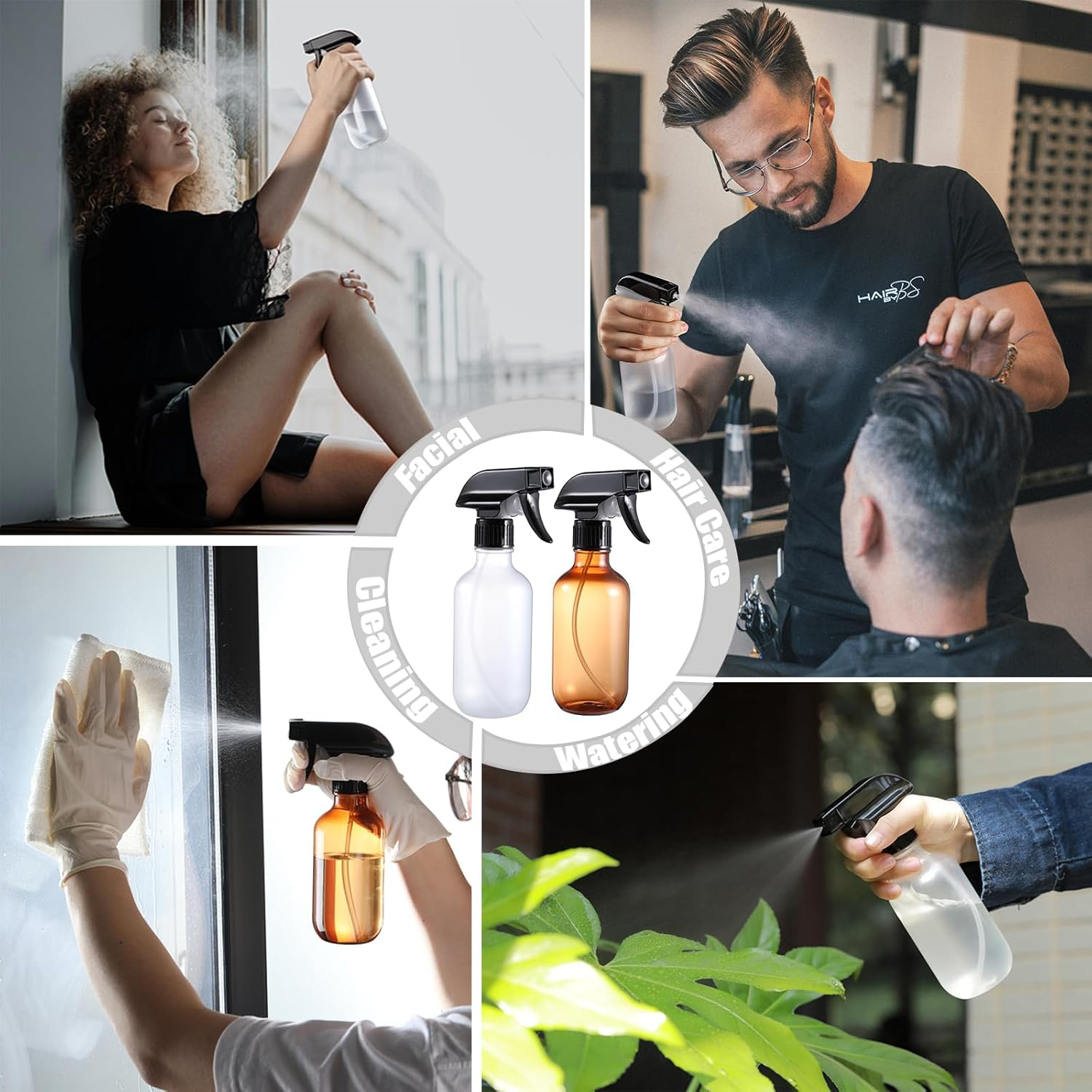 Plastic Spray Bottles Frosted Clear, Plant Mister Spray Bottle， 10Oz Refillable Empty Spray Bottles with Adjustable Nozzle Mist/Stream, Water Spray Bottle for Hair, Cleaning Solutions, Pet, Cooking - 2 Amber image number 2