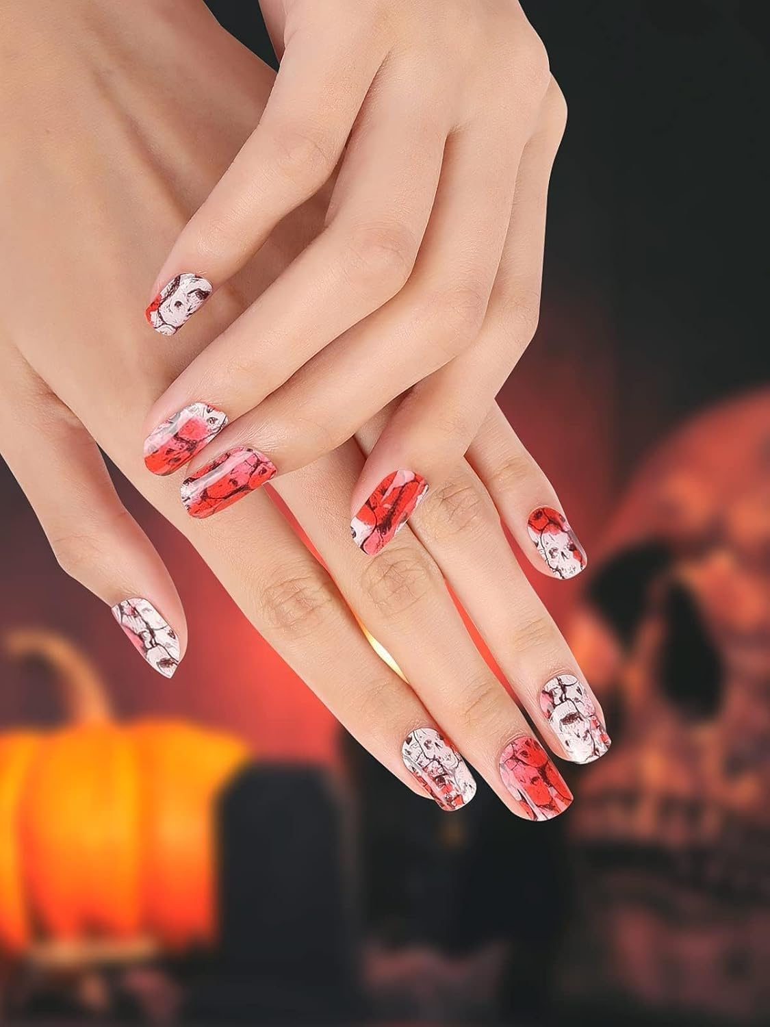 Kalolary Halloween Cured Gel Nails Strips, Bloody Skull ​Gel Nail Polish Strips Long Lasting Waterproof Full Nail Wraps Stickers with Stick, Nail File, Wipes & Sealing(Uv/Led Lamp Required) image number 2