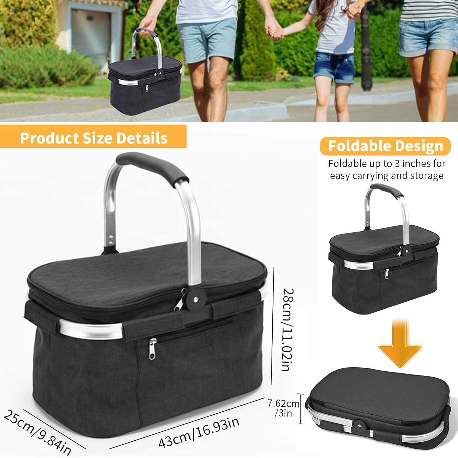 Insulated Picnic Basket with Handles, Portable Foldable Picnic Hamper, Collapsible Cooler Lunch Bag, Market Tote Bag, Food Storage Basket for Picnic Food Delivery Take Out Market Shopping Travel (BK) image number 2