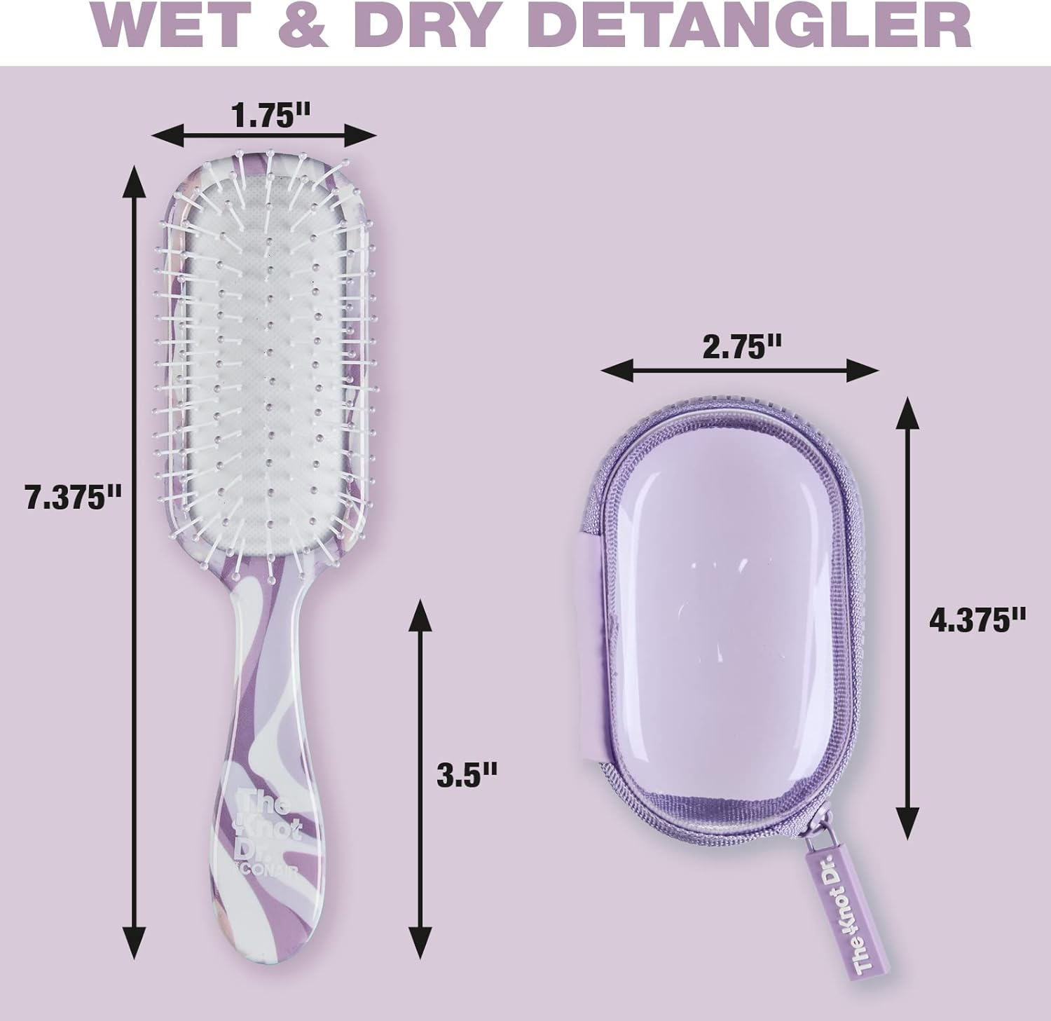 Conair the Knot Dr. for Mini Hair Brush, Wet and Dry Detangler with Clear Storage Case, Removes Knots and Tangles, for All Hair Types, Marblized Lavender Print image number 6