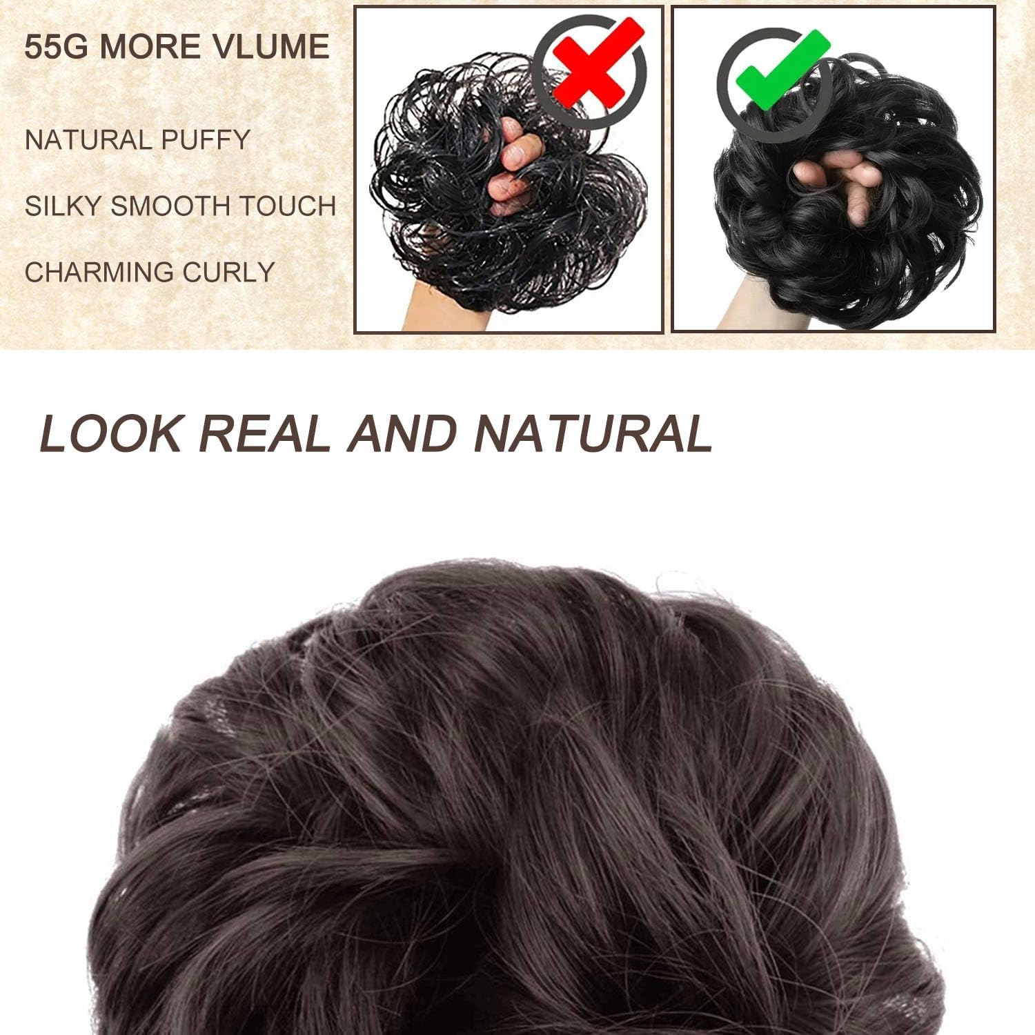 Hair Pieces Real Hair with Elastic Band, Large Bun Hairpiece, Curly Messy Hair Scrunchie with Hair Updo Hair Extensions, Soft Messy Bun for Women, Ponytail Hairpiece image number 3