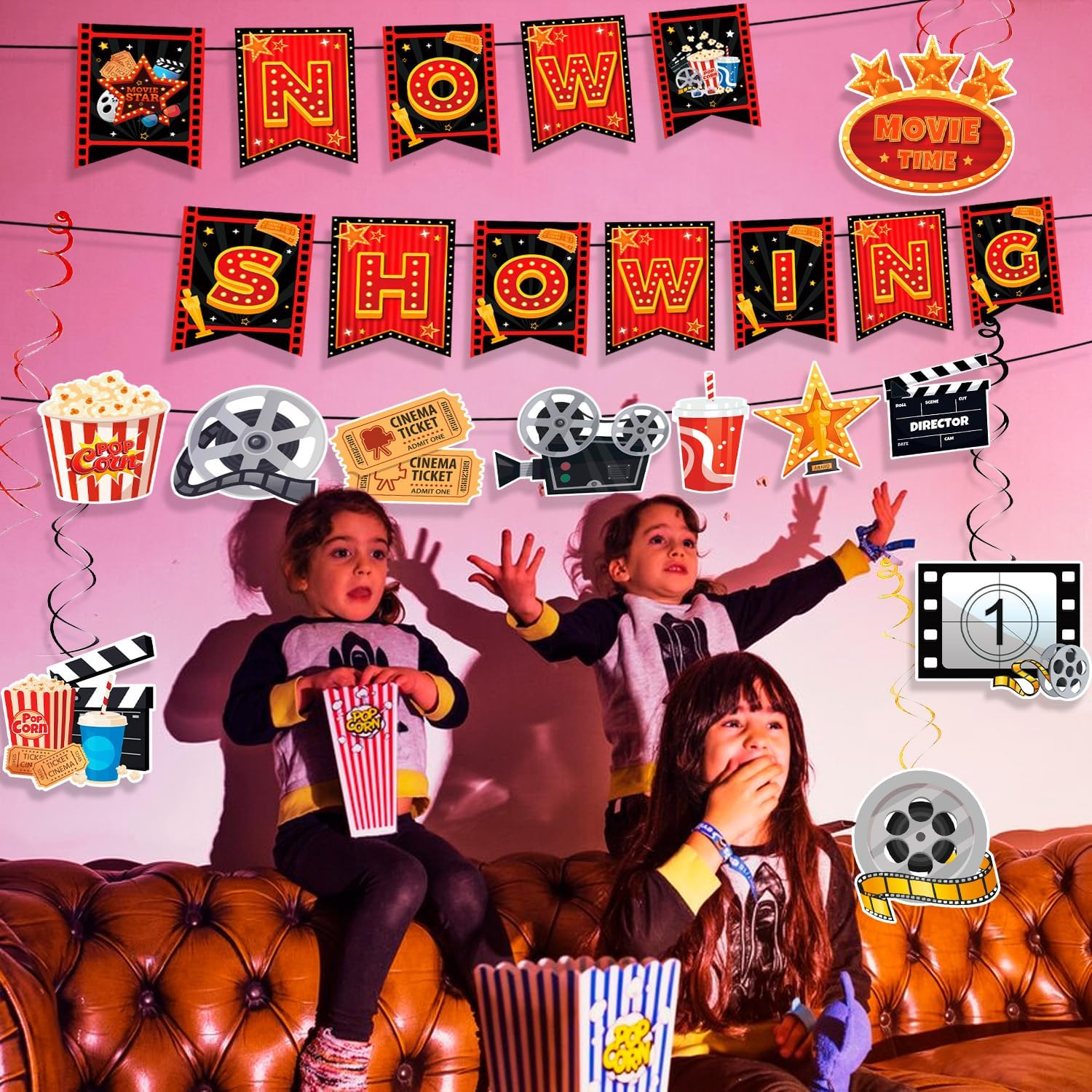 Movie Night Party Swirl Banner, 8Pcs Movie Night Birthday Party Decorations Set -Hanging Swirl & Now Showing Banner for Theme Decorations image number 1