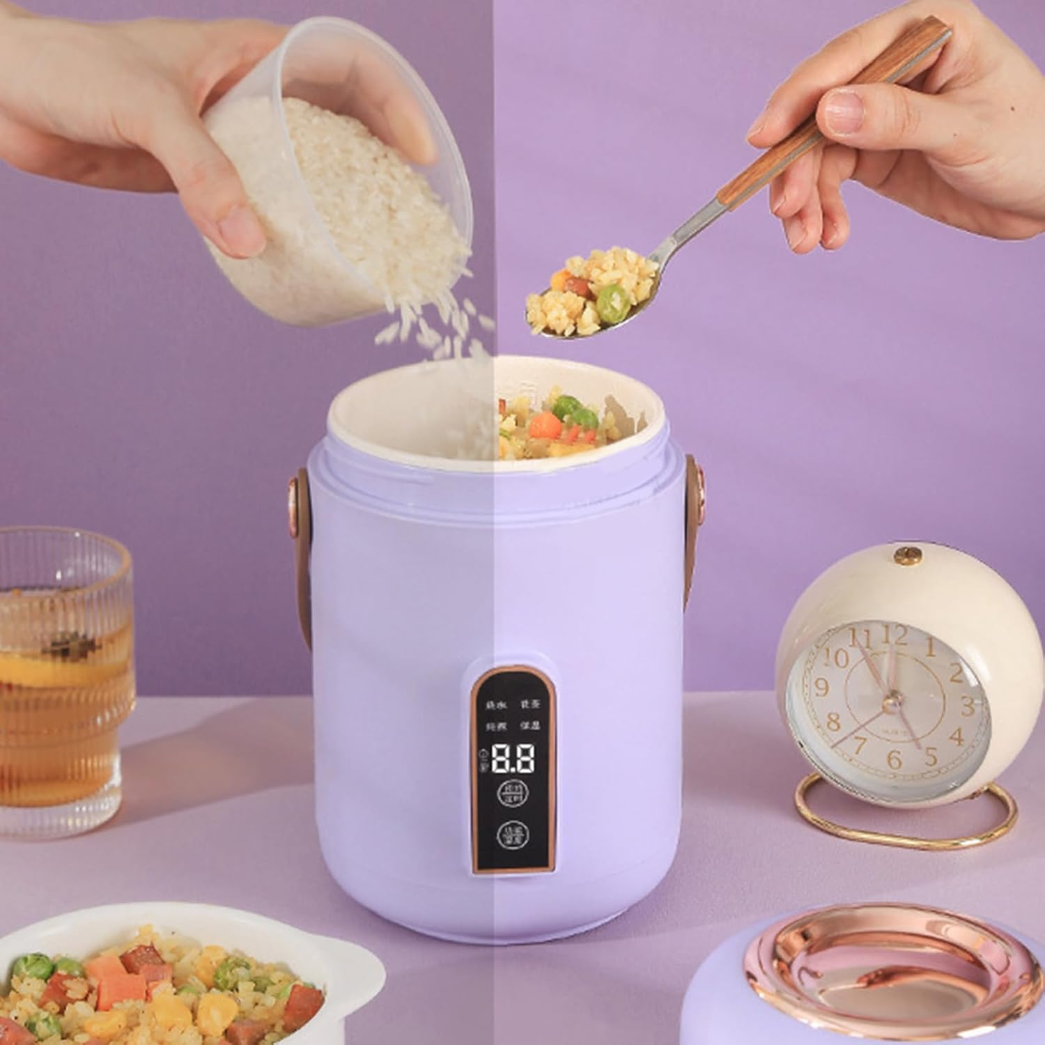 Mini Rice Cooker, Efficient Heating Portable Insulated Safe Multifunction Easy to Use Electric Stewpot for Home for Office (Purple) - Beige image number 5