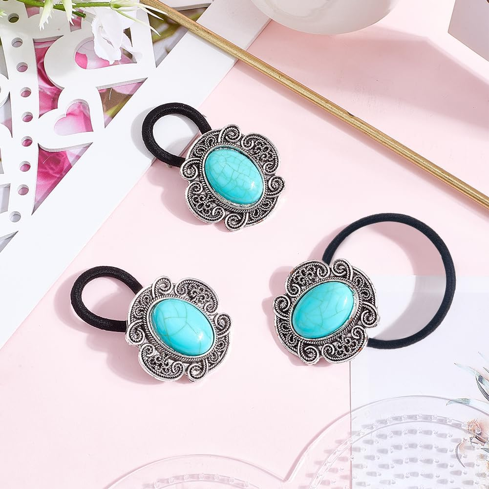 CABODYALS Pack of 3 Vintage Boho Metal Ponytail Holders Cowgirl Elastic Hair Bands Rope Western Style Turquoise Decorative Hair Bobbles Bracelet Bulk Pack for Women Party Outfit Ceremony Accessories image number 1