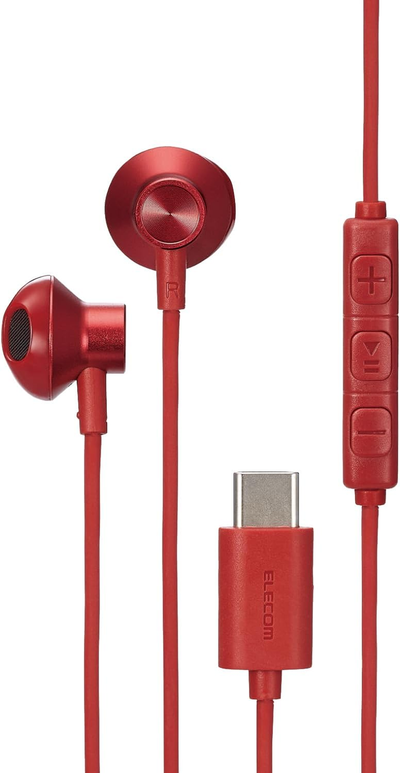 Elecom EHP-DF10IMRD Type-C Earphones with Microphone [Calls Acceptable/Audio Adjustable] Type C Semi-Open Type In-Ear Type Wired Audio and Video Shift, Remote Control, 3.9 Ft (1.2 M) Red
