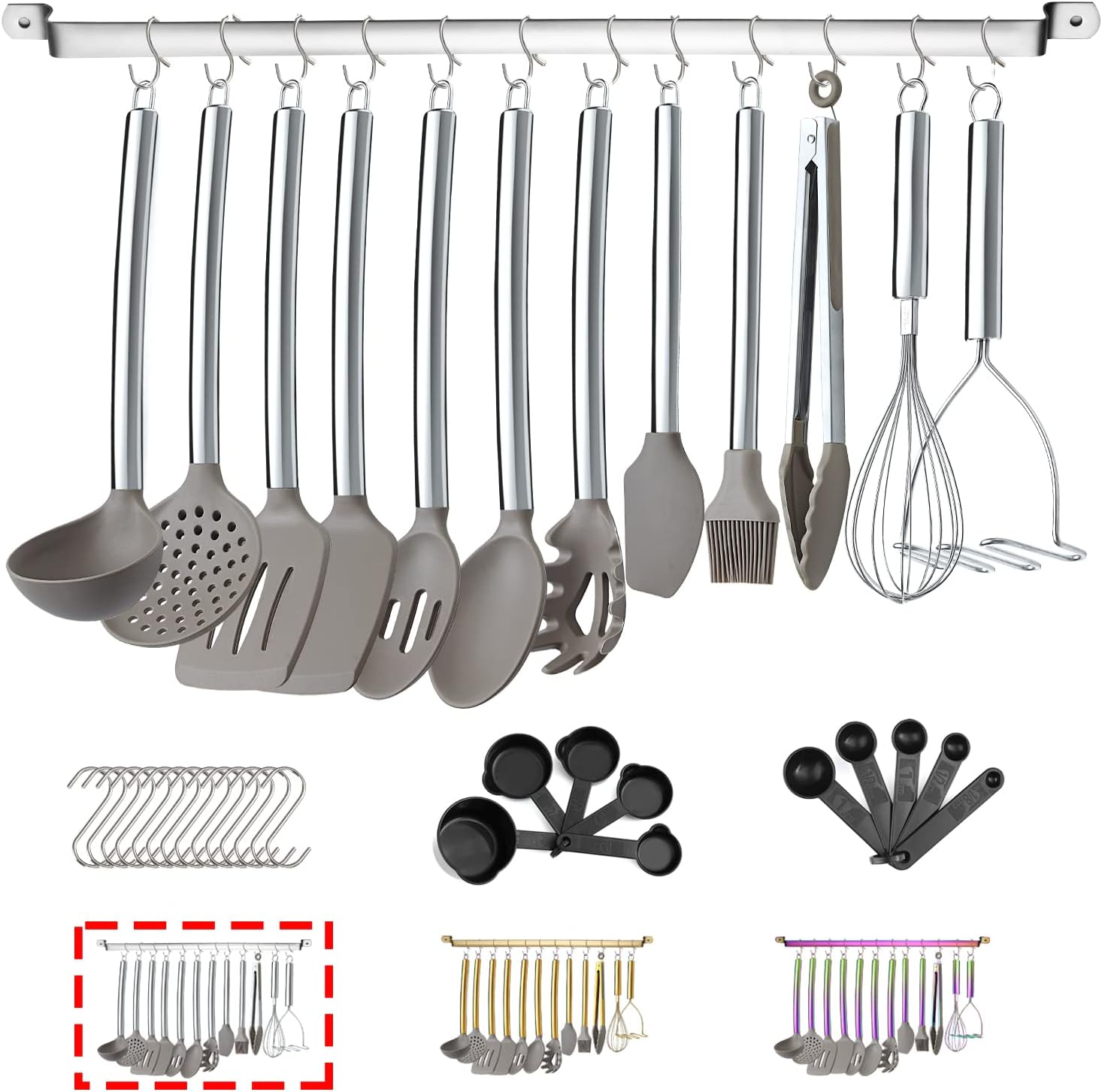38 Piece Silicone Kitchen Cooking Utensils Set with Utensil Rack, Silicone Head and Stainless Steel Handle Cookware, Kitchen Tools, Non-Stick Kitchen Gadgets, Dishwasher Safe (Rainbow)