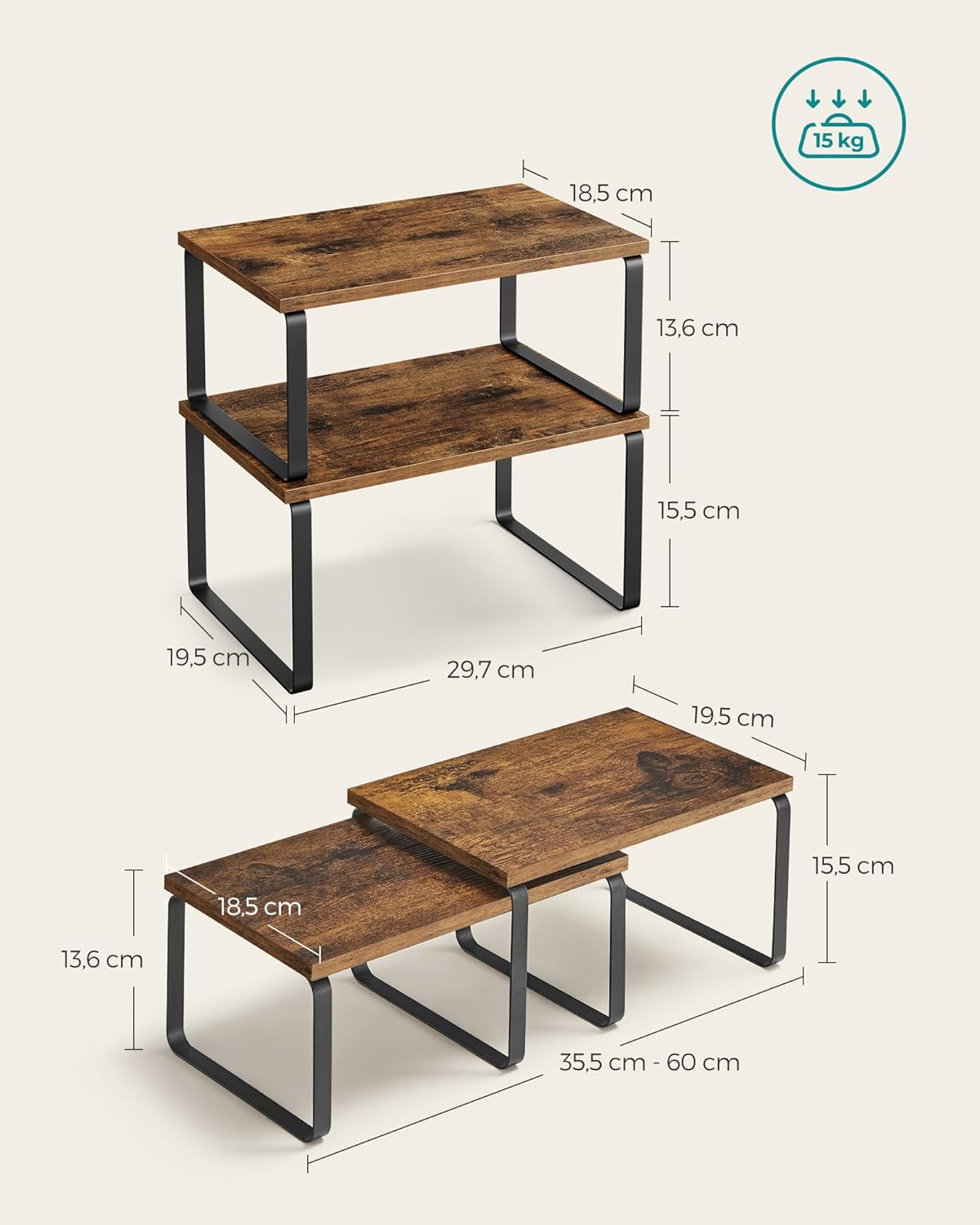 SONGMICS Spice Rack, Set of 2, Kitchen Rack, Kitchen Organiser, Expandable, Spice Holder, Stackable, Made of Metal and Chipboard, Ink Black Vintage Brown KCS020X01 image number 4