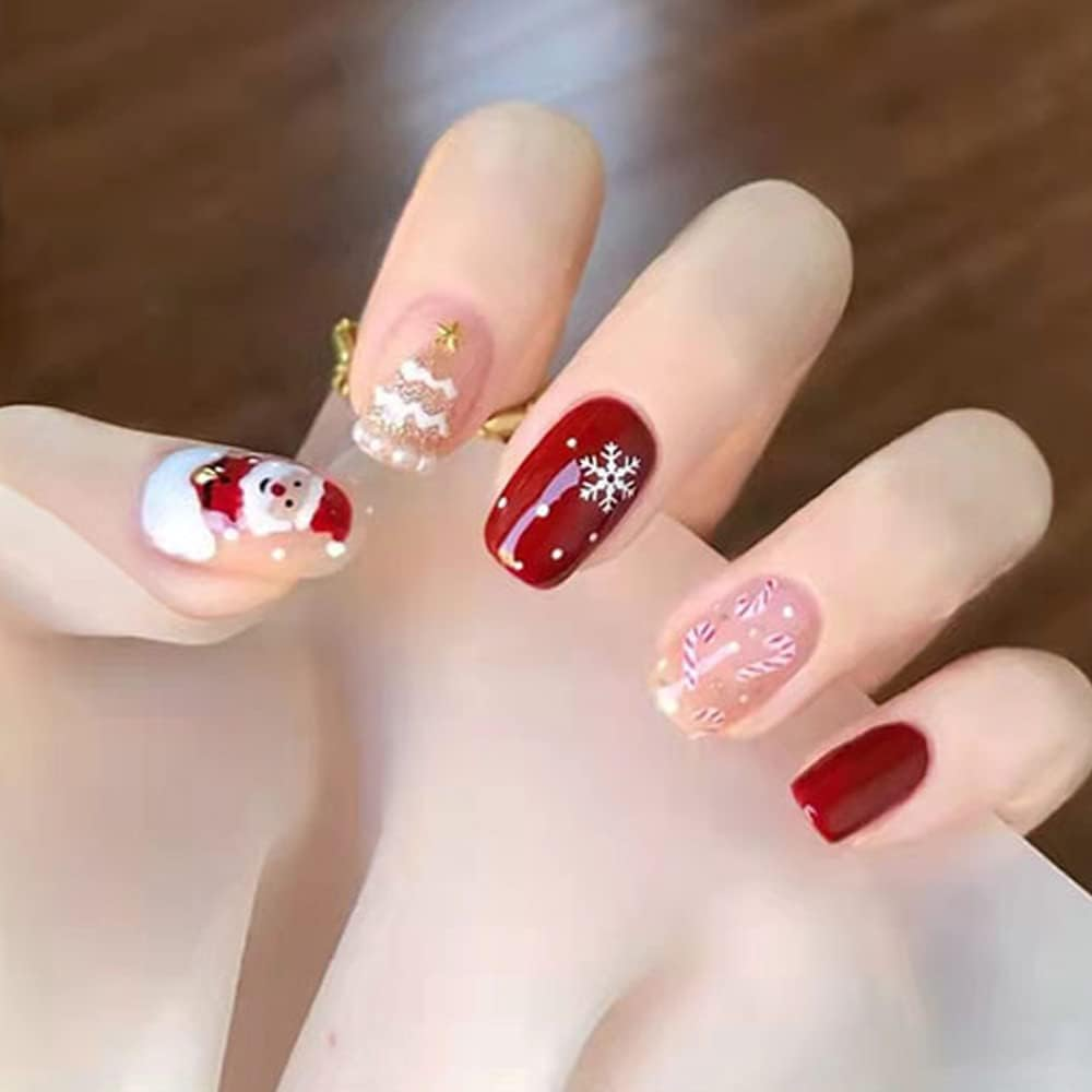 Christmas Press on Snowflake Nails Red Square Fake Nails with Lines Swirl Gingerbread Design Matte Full Cover Glue on Winter False Nails 24 Pcs