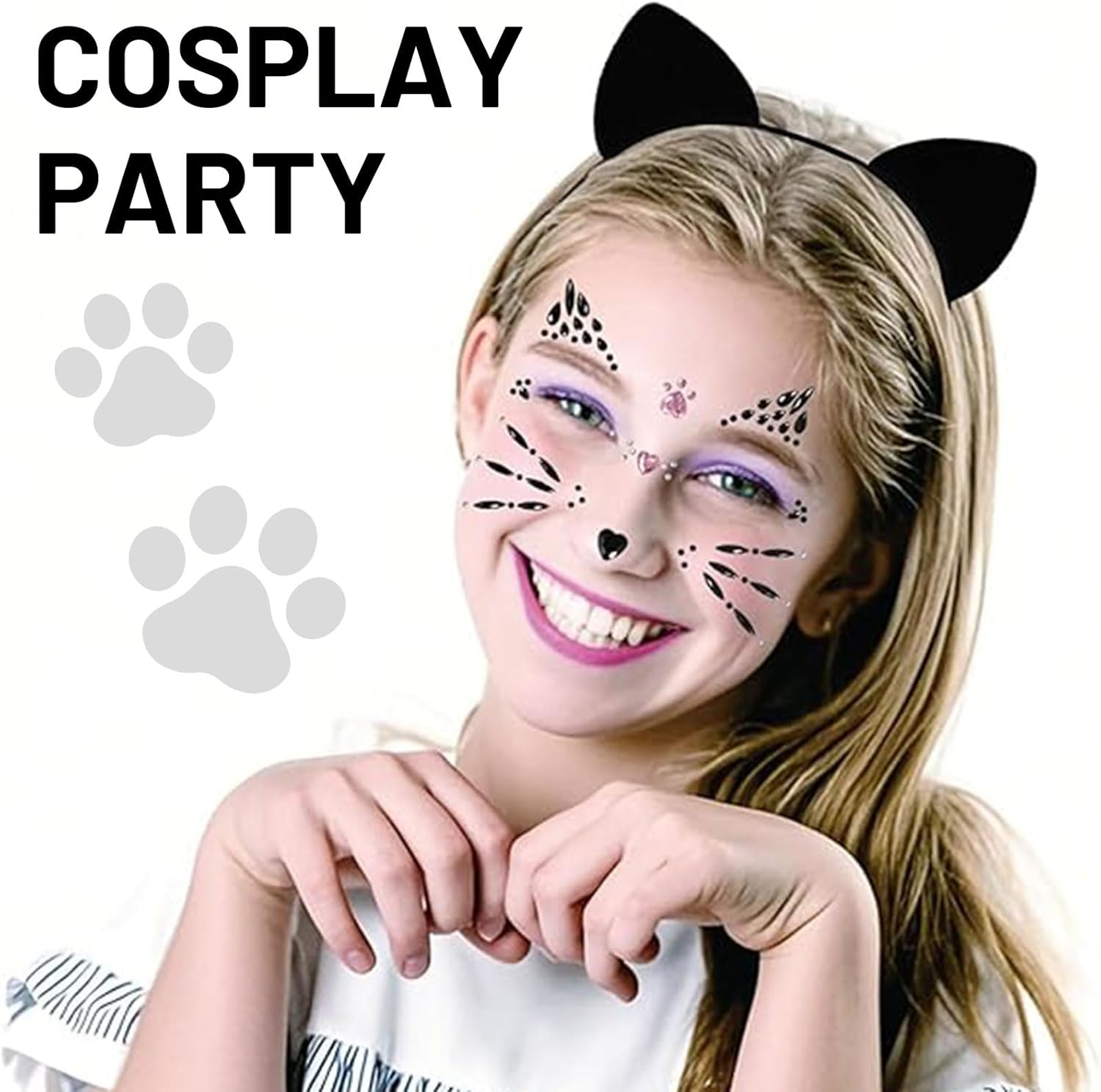 Muorruo 3-Piece Cat Ears Headband Set with Face Jewels, Costume Accessories for Adults, Makeup, Cosplay, Party Accessories image number 4