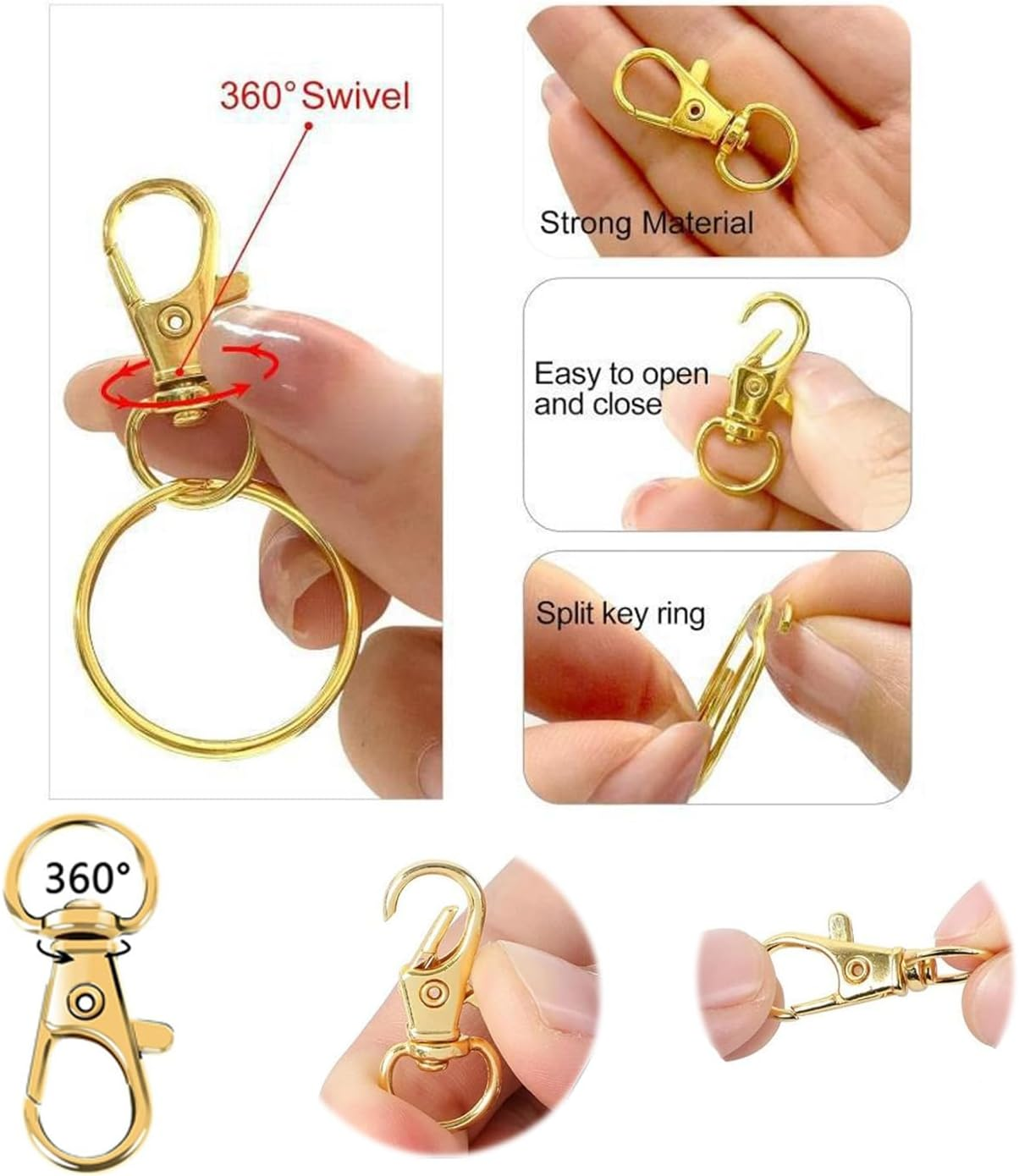 100PCS Key Ring Set,50 Rotating Quick-Release Hooks and 50 Key Rings,Suitable for DIY Craft Making and Design (Gold)
