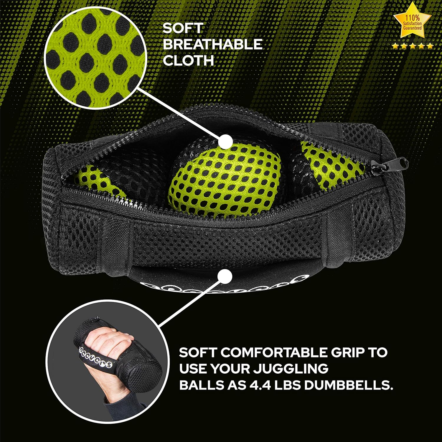 Juggling Balls for Beginners and Professionals Set of 3 Xballs, 2 Layers of Net and Carry Case, Juggle Balls for Adults and Kids (Black - Yellow, 650G) image number 7