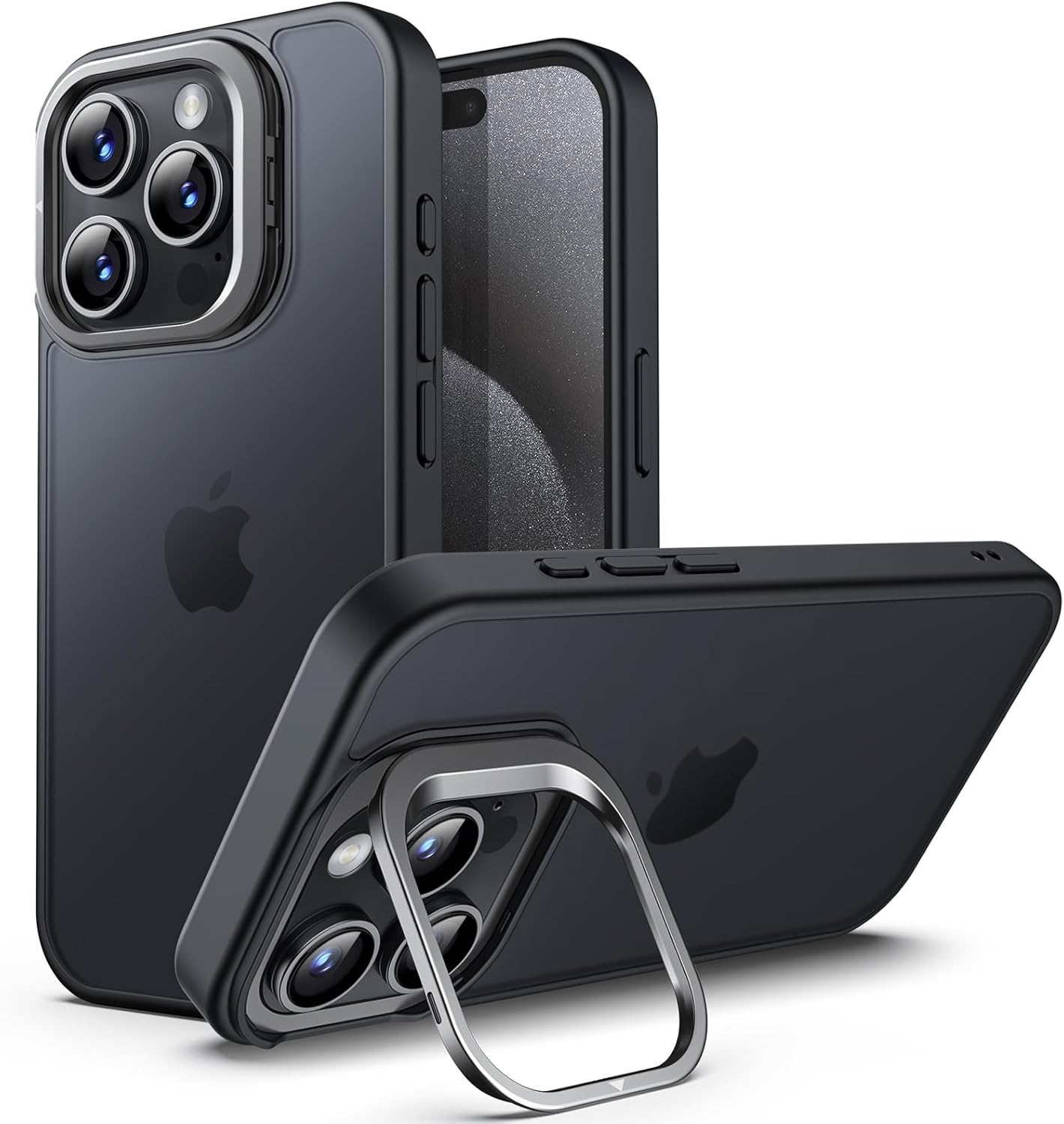 Jetech Kickstand Case for Iphone 15 Pro 6.1-Inch, Built-In Adjustable Camera Stand, Military Grade Drop Protection, Frosted Translucent Matte Back Shockproof Phone Cover (Black Titanium)