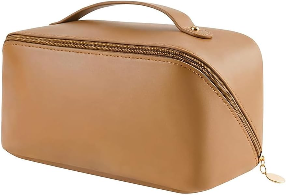 RUTREZOGO Large Capacity Travel Cosmetic Bag &ndash; Waterproof PU Leather Makeup Bag with Handle and Divider, Multifunctional Portable Storage for Skincare, Toiletries, and Cosmetics (Coffee) image number 3