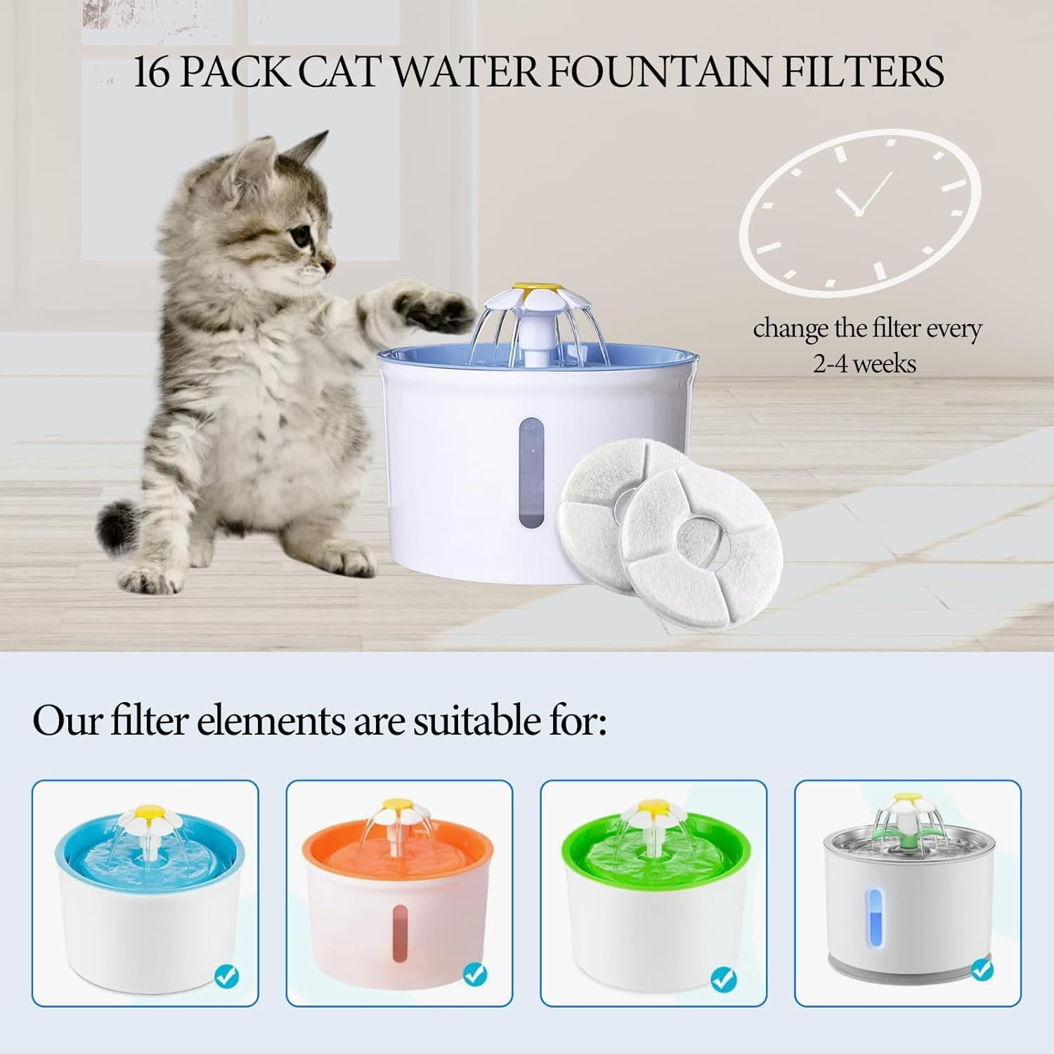 16 Pack Replacement Filters for Cat Fountain, Pet Water Fountain Filters, Activated Carbon Filters, Triple Filtration System for Pet Dog and Cat Waterer