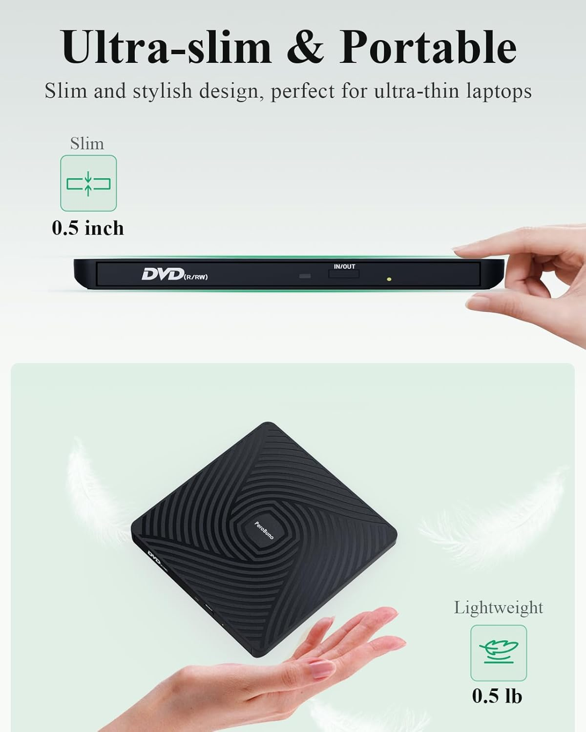 Perobuno External CD DVD Drive, USB 3.0 Type-C Optical Drive, 0.5-Inch Ultra-Slim Portable DVD CD ROM Disc Player Reader Writer Rewriter Burner Recorder for Laptop PC Macbook Windows Linux Mac OS image number 2