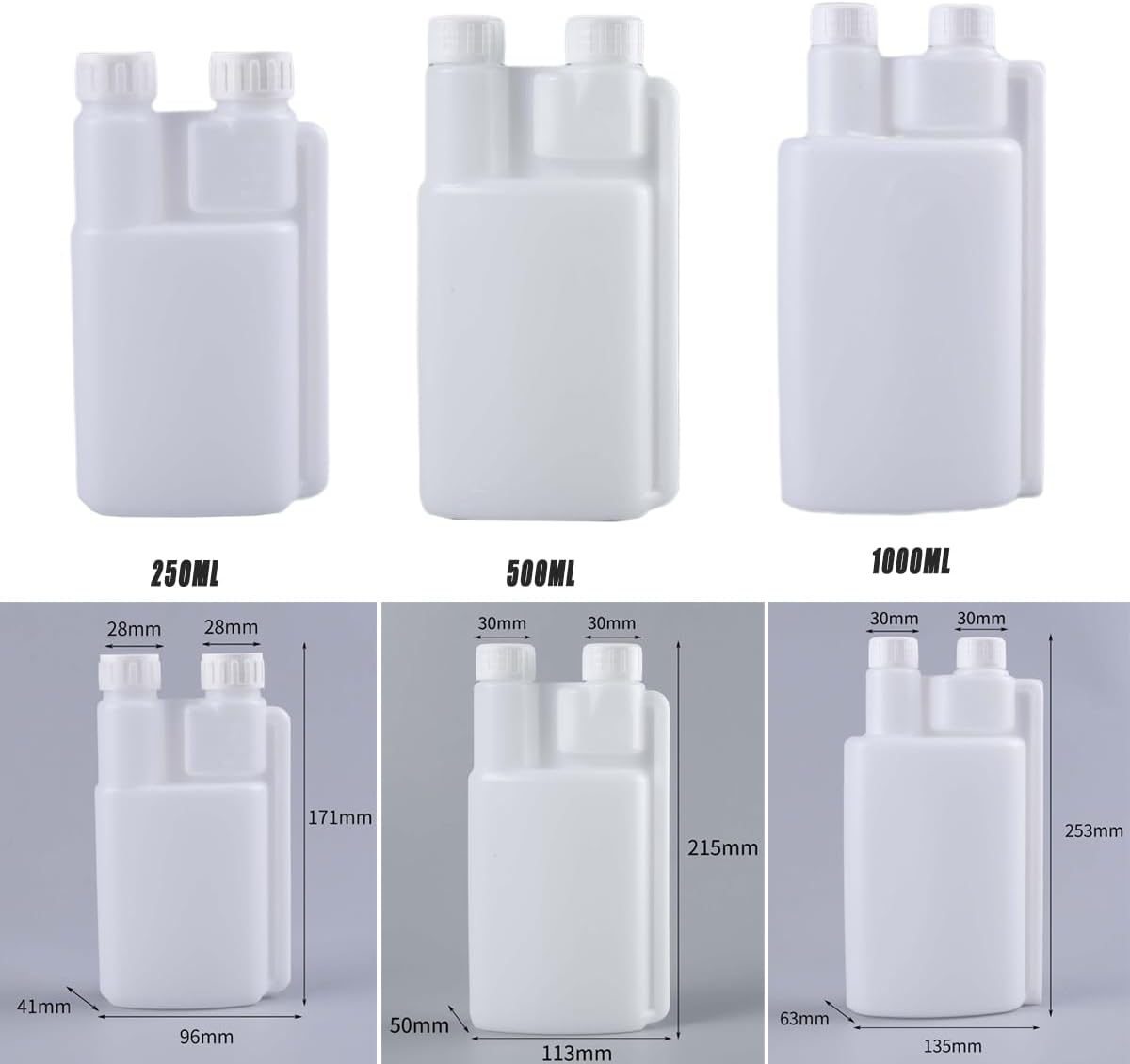 AIMALL Twin Chamber Plastic Bottle, Chemical Liquid Containers with Tamper Evident Caps, Durable PE, 8.5-33.8 Oz Sizes, for Chemical Liquids Storage image number 2