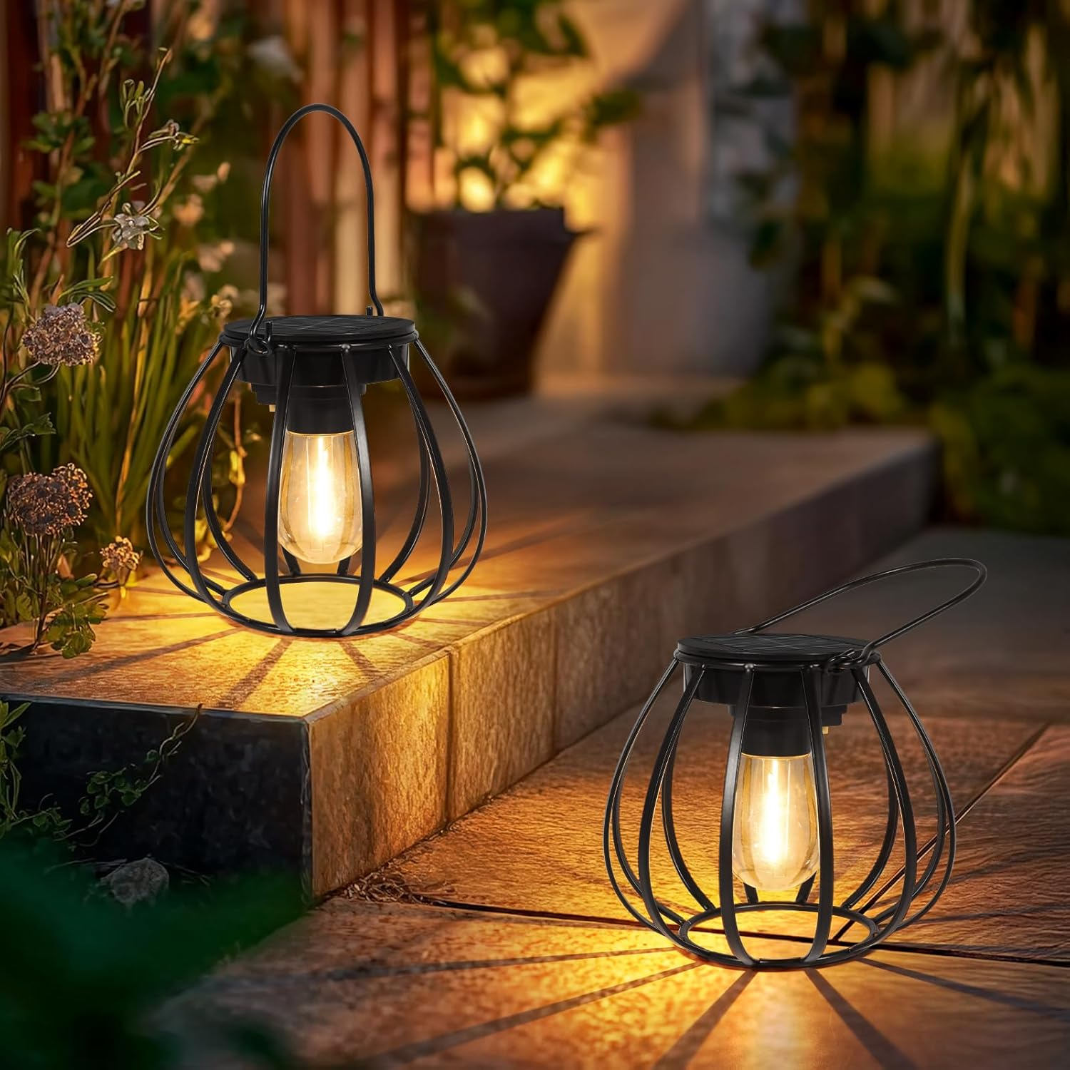 Dehobo Solar Lights for Outdoor Hanging / Standing, Pack of 2 - Solar Lanterns Outdoor Weatherproof - Solar Lanterns with LED Light Bulb Warm White for Garden Decoration, Balcony, Patio Decoration
