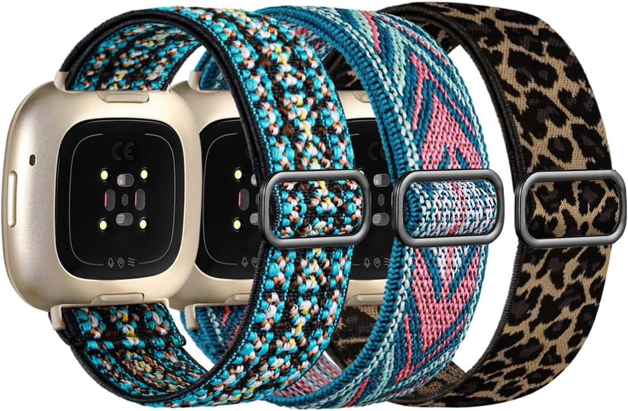 Elastic Band Compatible with Fitbit Sense/Sense 2/Versa 4/Versa 3 for Women Men, Adjustable Stretchy Nylon Solo Loop Sport Wristbands, Strap for Watch