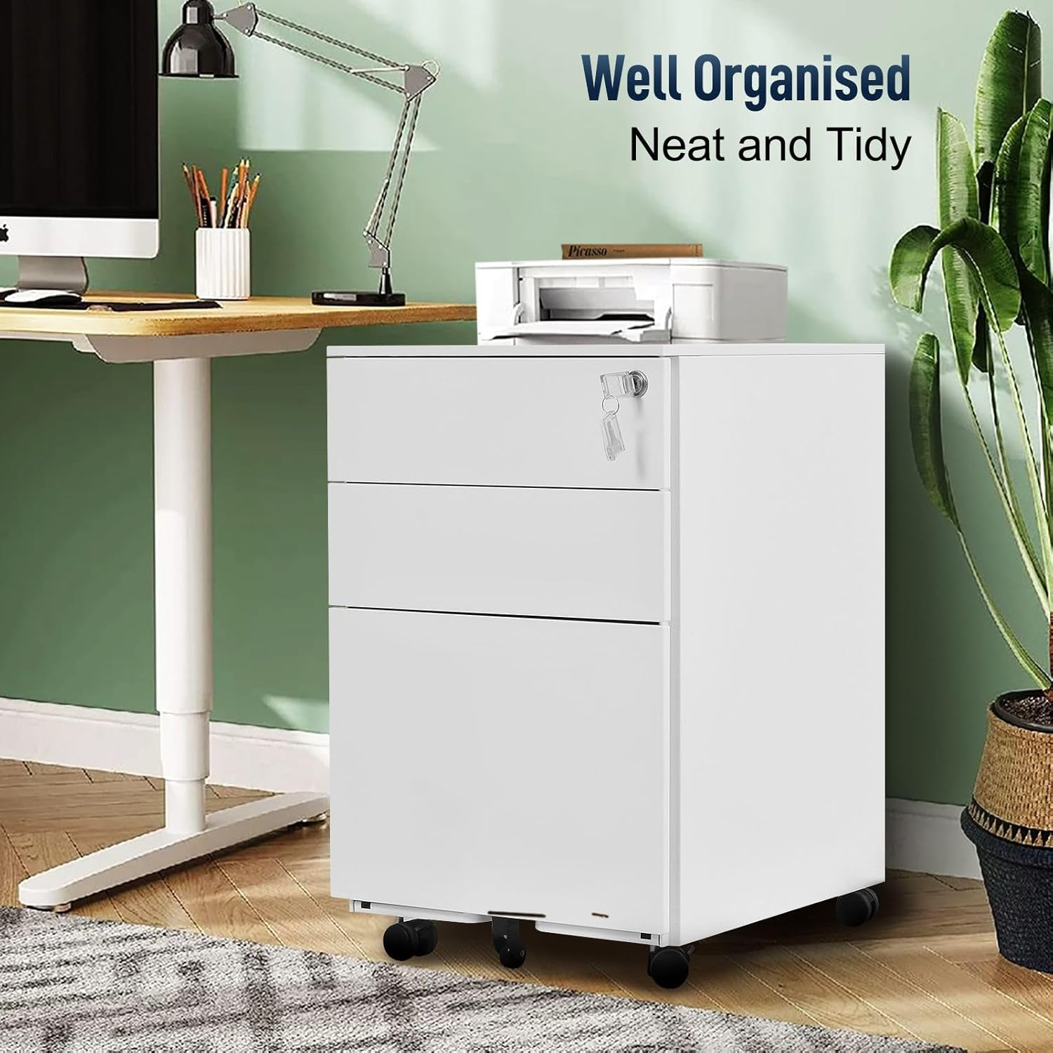 Steel File Cabinet 3 Drawers Metal Office under Desk Document Storage Furniture White Vertical Locking Mobile Filing Organiser Unit on 5 Wheels
