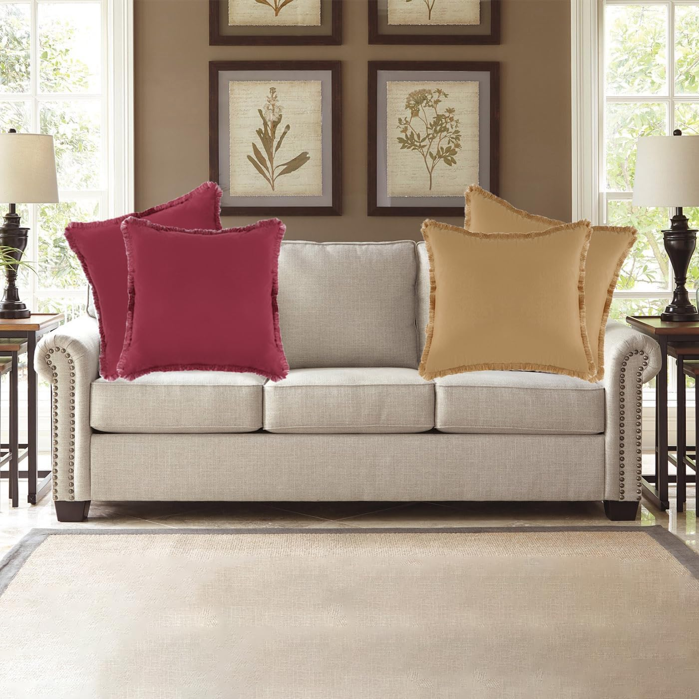 Set of 2 Decorative Linen Fringed Throw Pillow Cover, Cozy Boho Cushion Covers with Tassel Soft Washed Cotton Pillowcase Cushion for Couch Sofa Farmhouse Living Room Bed Natural Home Decor 18X18 Inch image number 2