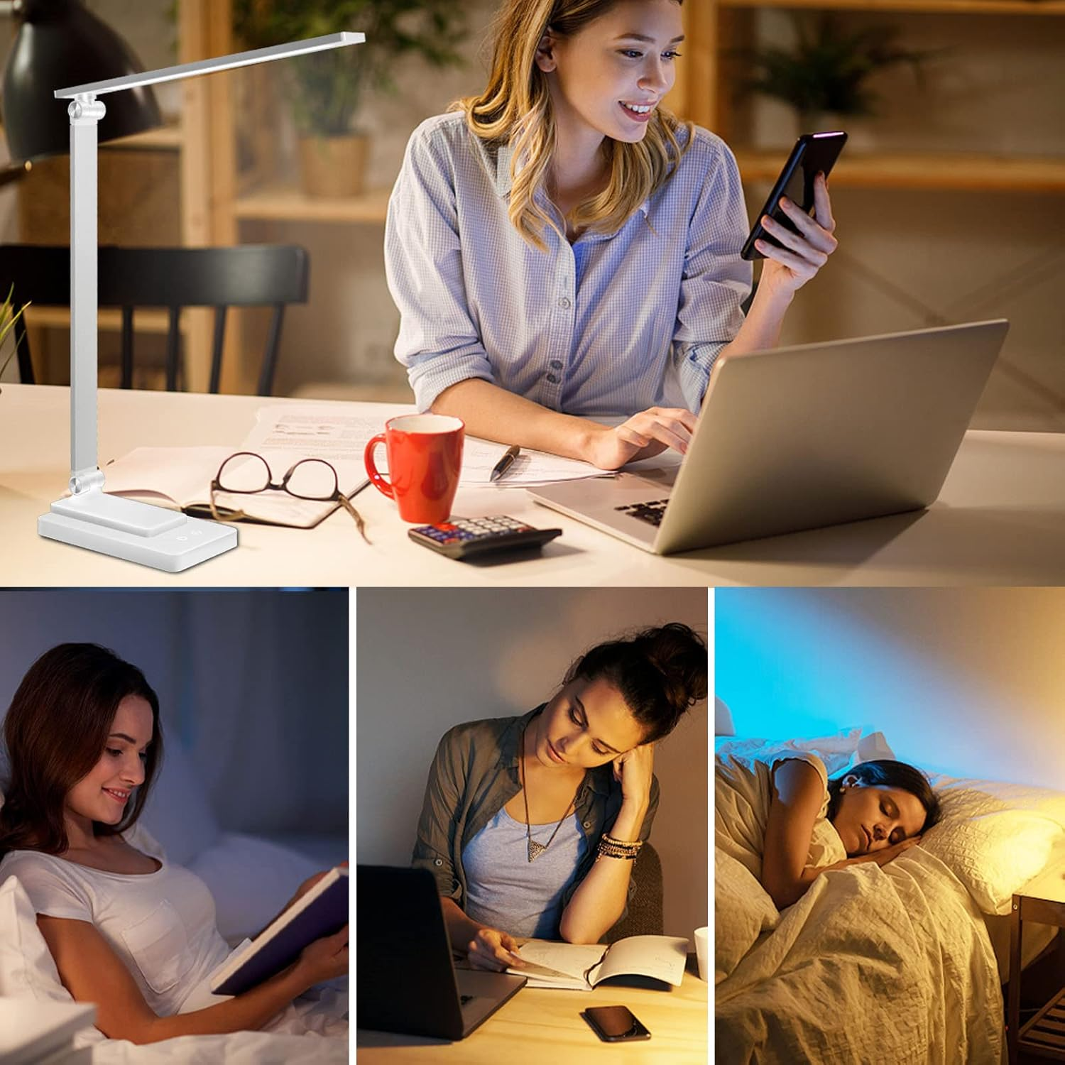 LED Desk Lamp Eye-Caring Touch Control Table Lamp with USB Charging Port 3 Lighting Modes 5 Brightness Levels for Office Study Room Bedroom (White)