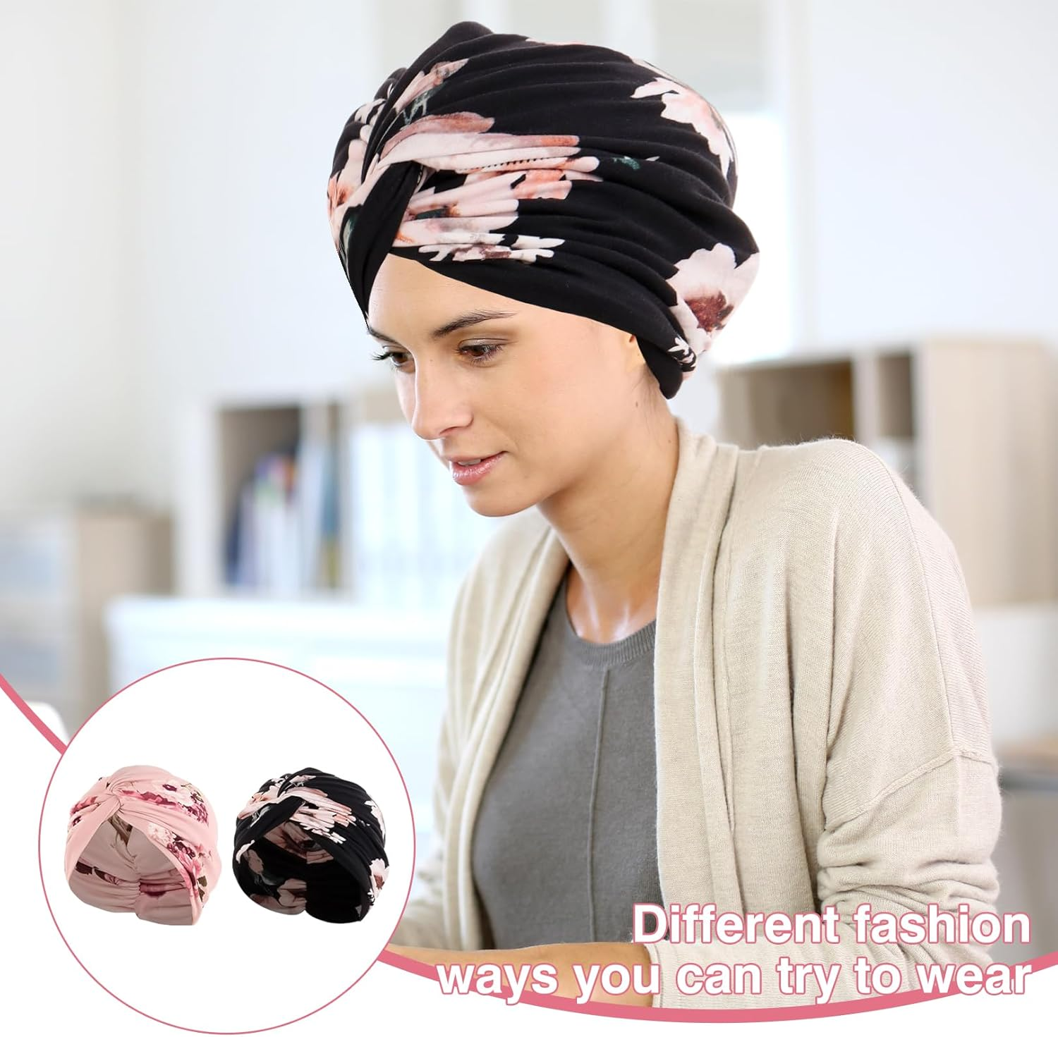 Women'S Chemo Hats, Turban, Chemo Headgear, Women'S Headscarves for Cancer Patients, Hats for Cancer Patients, Headscarf Hair Band, Pre-Tied Beanie Headpiece, Pleated Hat for Women image number 1