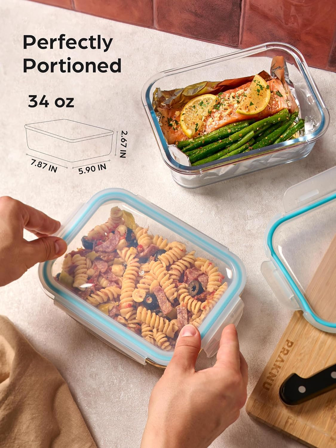 Praknu Glass Container with Lid, 1000 Ml, Set of 4, Food Storage Containers, Stackable and Airtight, Bpa-Free, Dishwasher Safe, Freezer and Microwave Safe image number 3