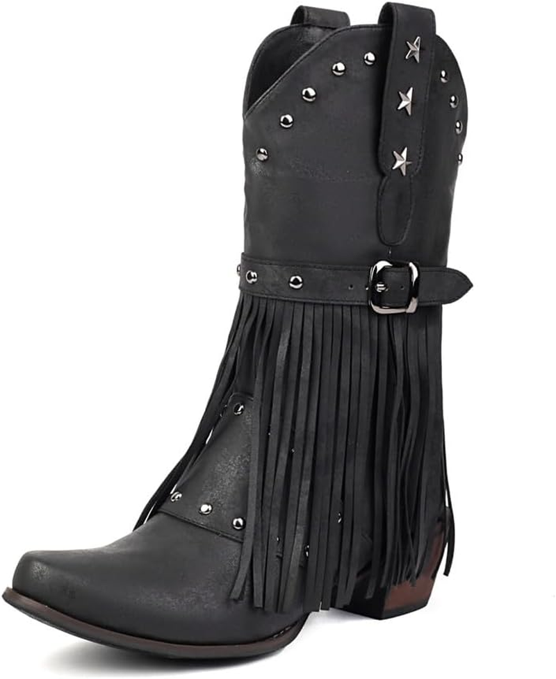Women'S Fringe Cowboy Boots Mid Calf Cowgirl Boots with Studded Pointed Toe and Chunky Heel Western Tassel Riding Boot