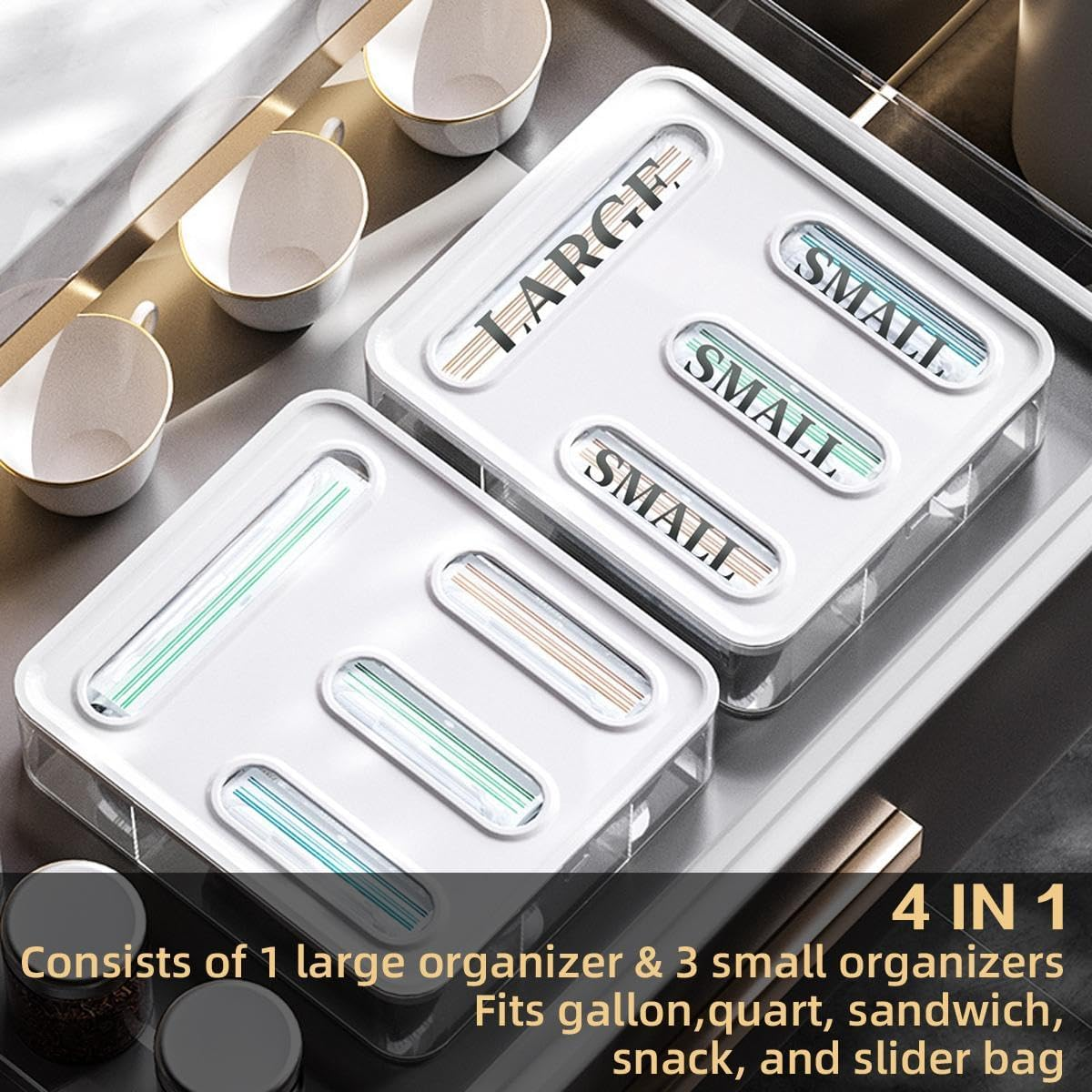 9SHOME Acrylic Ziplock Bag Organiser, Reusable 4 in 1 Storage Bag Organizer, Kitchen Drawer Baggie Box, Food Bag Holder, Complicate with Gallon, Quart, Sandwich, Snack, and Slider Bags image number 4