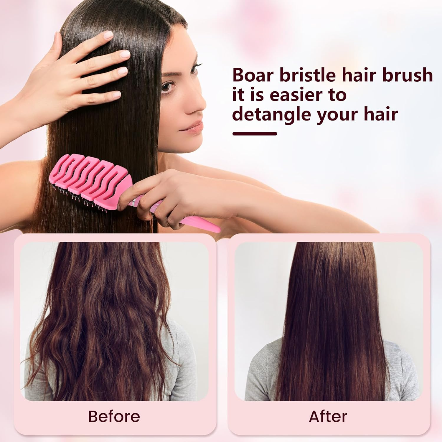 Blendura Hair Comb, Boar Bristle Hair Brush, Quick Drying Fluffy Styling Comb, Anti-Knot and Anti-Pull Hair Brush, Gentle Scalp Massage Brush, Suitable for All Hair Structures, Pink, Hair Brush image number 5