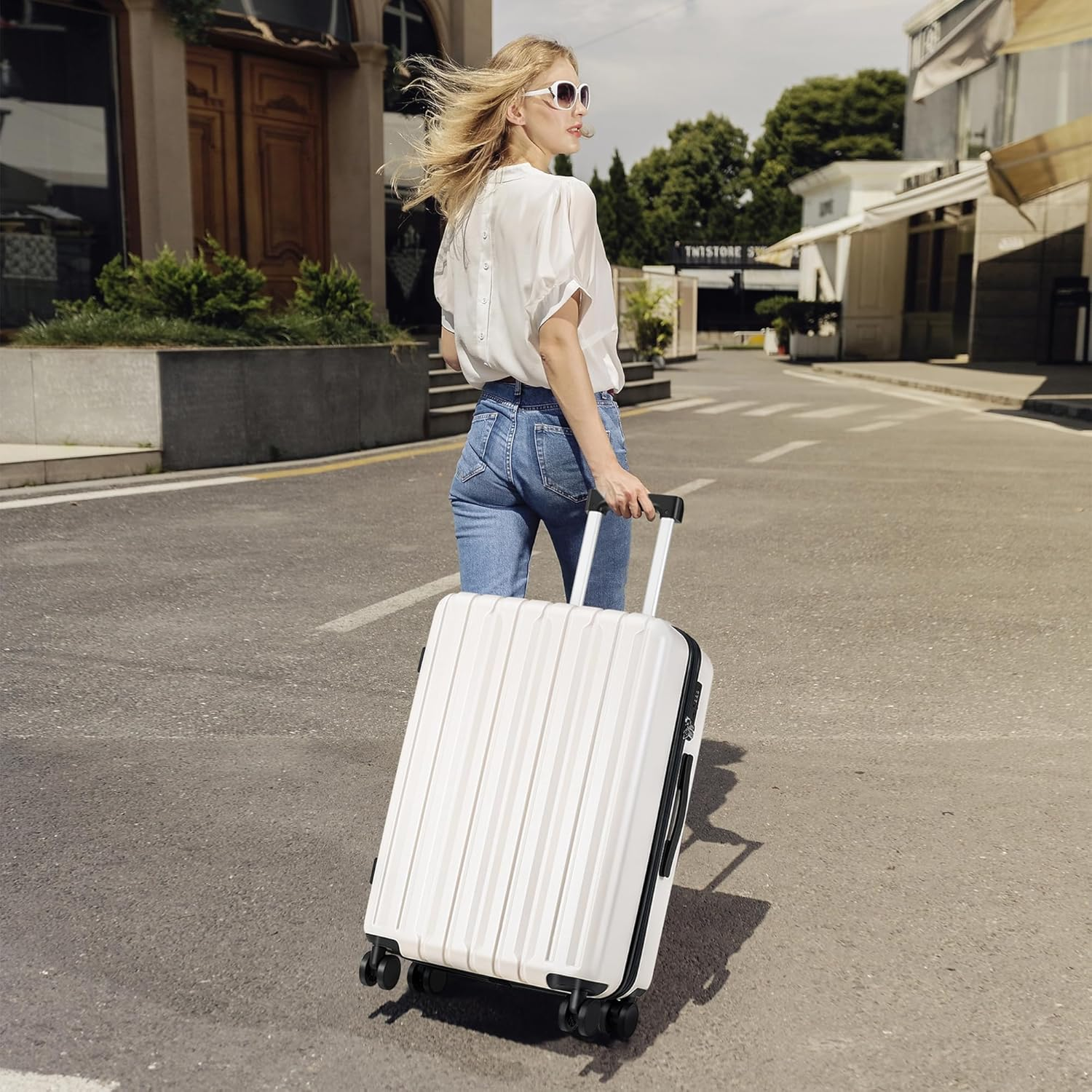 SHOWKOO Luggage Sets 3 Piece 100% PC Ultra Tough Hardside Expandable Suitcases Sets with TSA Approved Lock Double Spinner Wheels (20In/24In/28In, White - Blue image number 6