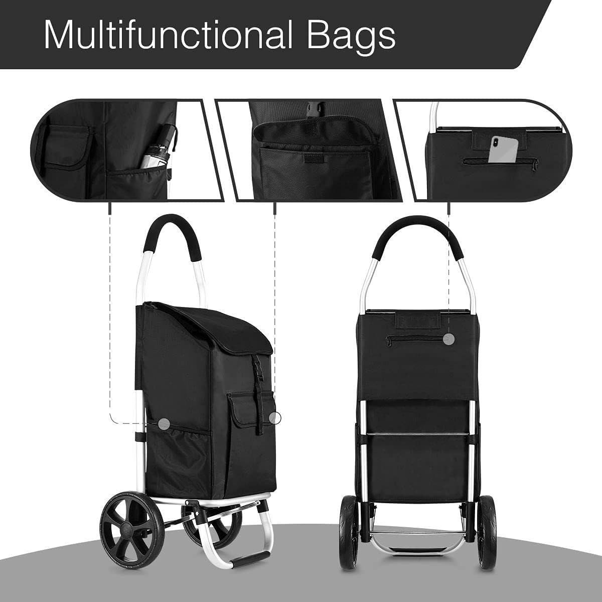 Portable Shopping Cart Foldable Shopping Trolley with Wheels Black - Black-016B image number 2