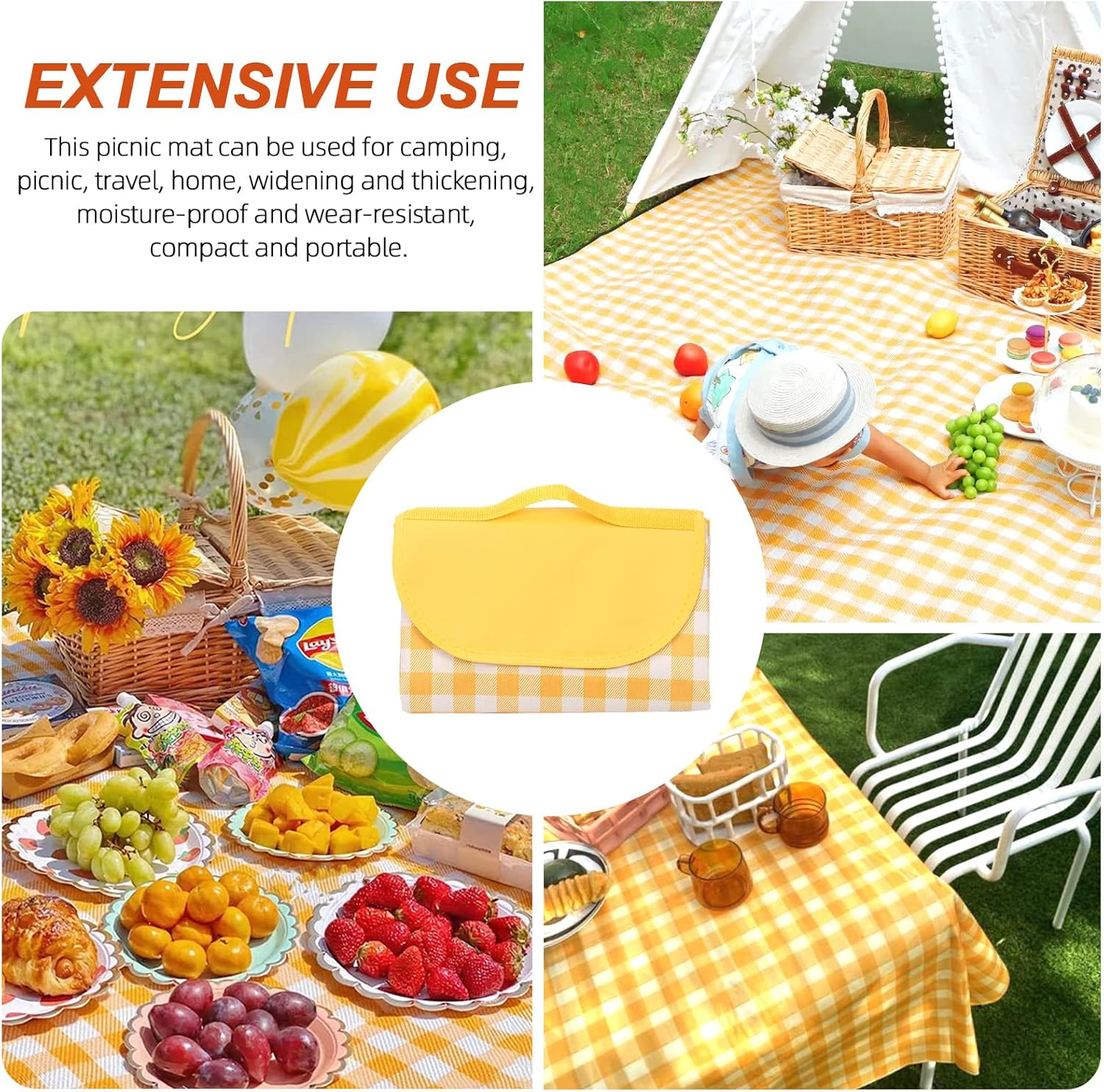 Tanstic Outdoor Picnic Blanket, 79" X 79" Extra Large Waterproof Foldable Beach Mat with Carry Strap for Camping Park (Yellow & White Lattice) image number 1