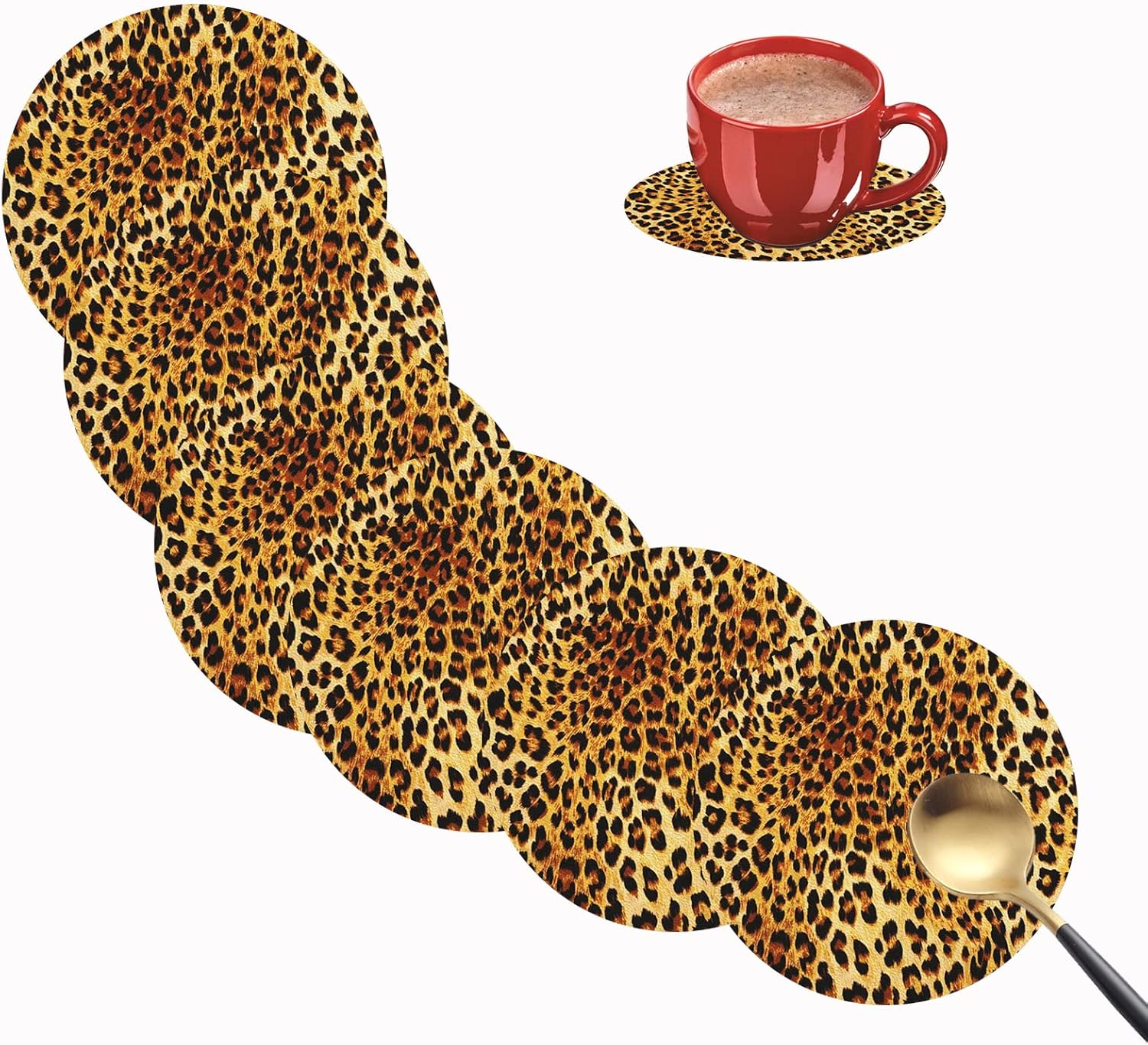 Coasters for Drinks Set of 6, Leopard Wild Drink Coasters for Coffee Table, Cute Farmhouse Leather Coaster for Cup Kitchen Bar Home Decor Housewarming Gift image number 1