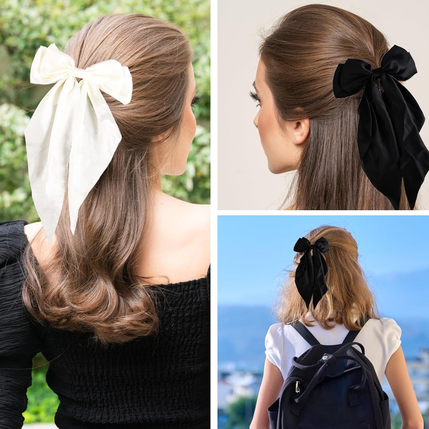 Ownkim Set of 2 Hair Bows for Women Silky Satin - Large Elegant Hair Clips for Women and Girls, Black and White