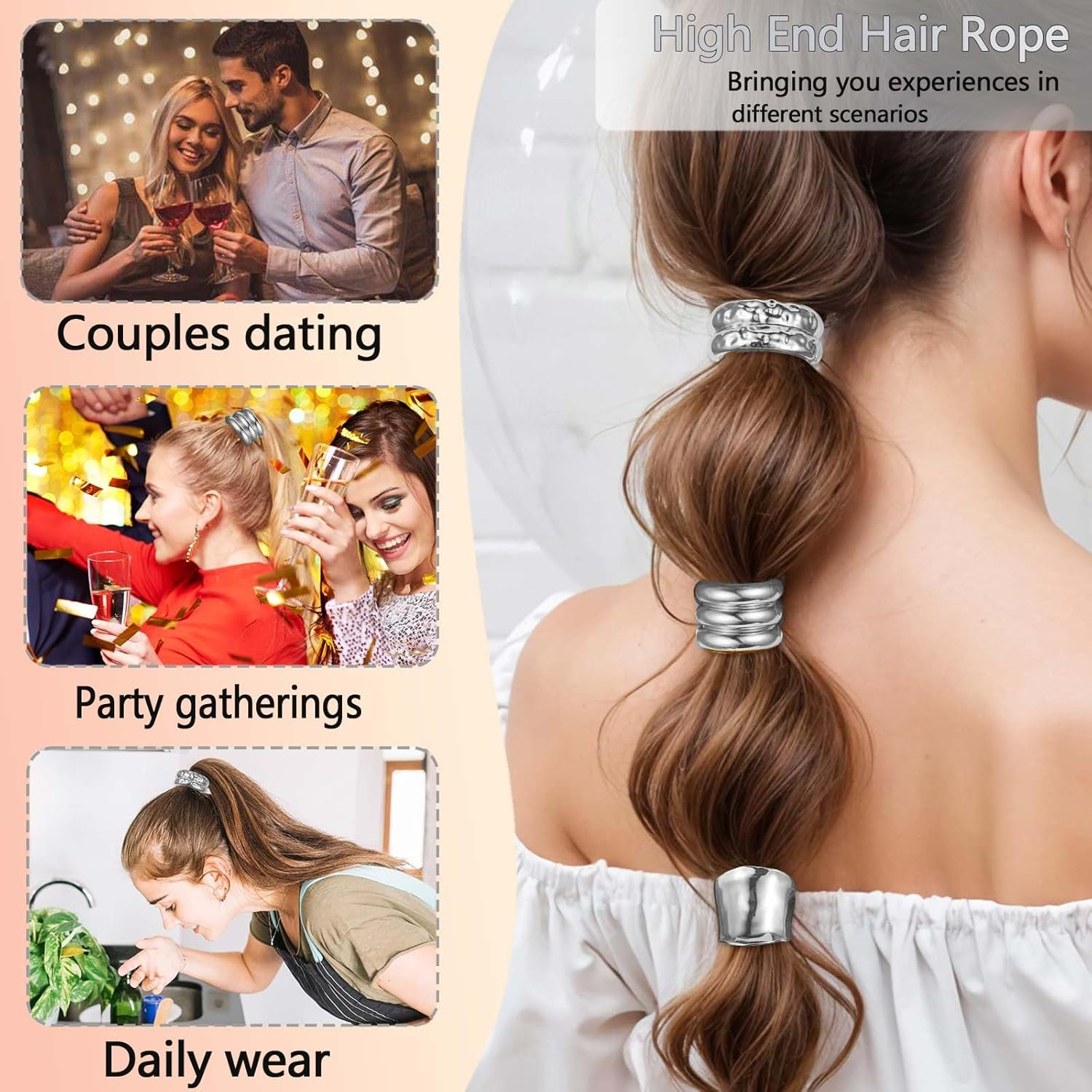 YUBBYSTU 3 Pcs Hair Cuffs for Ponytails, Metal Hair Ties for Thick Hair Ponytail Hair Cuff Silver Hair Ties Hair Wrap Hair Elastic Ties for Women Holder Hair Accessories image number 1