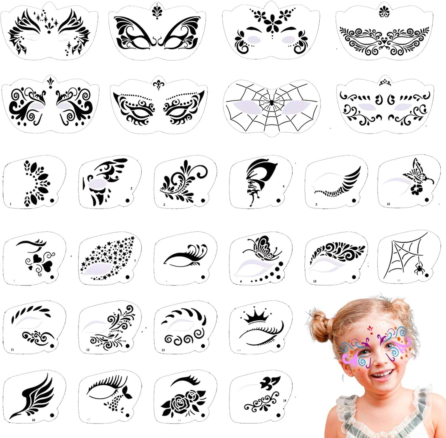 28 Pcs Face Paint Stencils Kit - Reusable Face Tattoo & Body Makeup Painting Templates for Kids & Adults image number 4