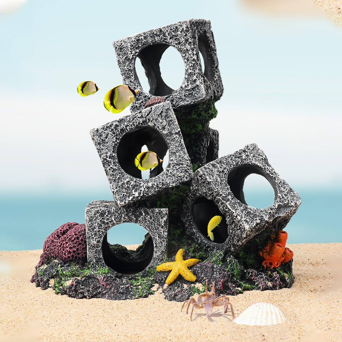 AIMALL Resin Square Fish Tank Cave Set 2/3/5 Cubes Aquarium Hideout Rock Decoration Cichlid Breeding Shelter Shrimp Hiding Box Aquascape Ornament image number 4