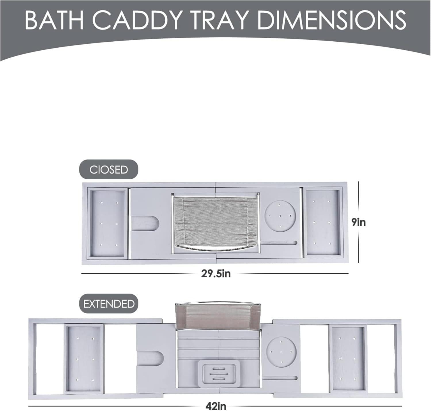 Bathtub Caddy Tray for Tub, Premium Expandable Bamboo Bath Tub Tray Table with Wine Glass Holder Book Phone Tablet Holder, House Warming Gifts, Anniversary and Wedding Gifts (Grey)