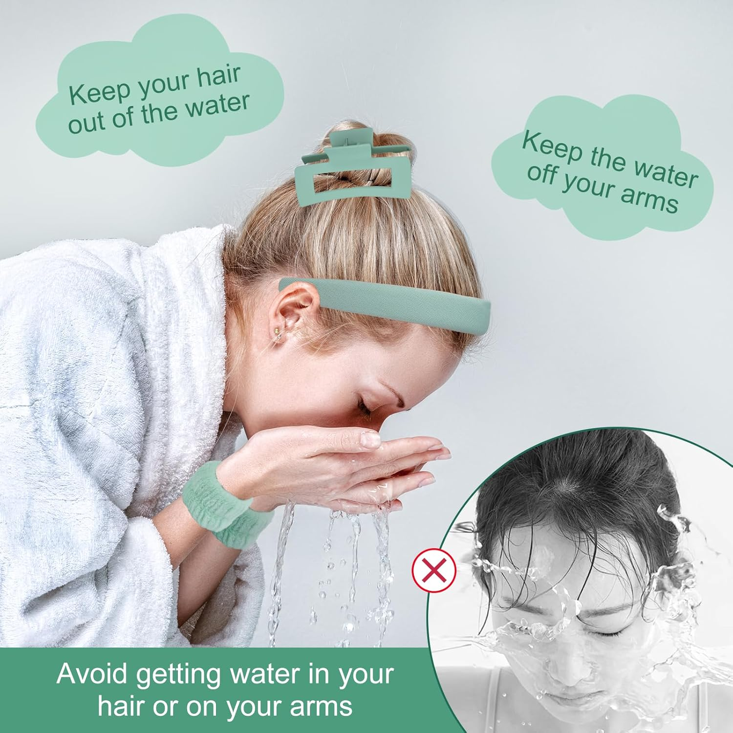 WRENYZK Pack of 5 Spa Headband for Washing Face Wristband and Hair Clips Set, Makeup Hair Band Cosmetic Headband for Women Girls Skin Care Facial Cleansing Yoga (Green) image number 2