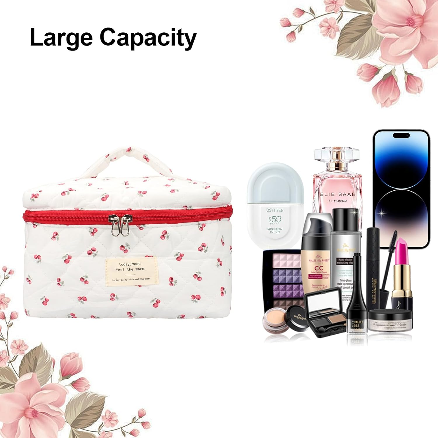 COZY CORE 3 Pack Quilted Cotton Makeup Bag Set, Cherry Travel Cosmetic Organizer with Toiletry Pouch, Portable Beauty Storage for Women Girls - Mothers Day Birthday Gifts (Cheery White) image number 3