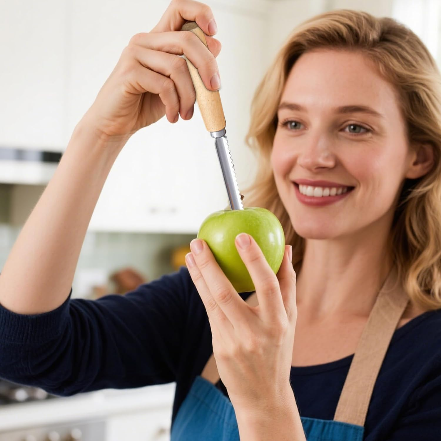 Fruit Corer | Manual Pitter Stainless Steel Multifunctional Manual Corkscrew Tool with Non-Slip Wooden Handle for Salad Prep Juice Canning image number 6