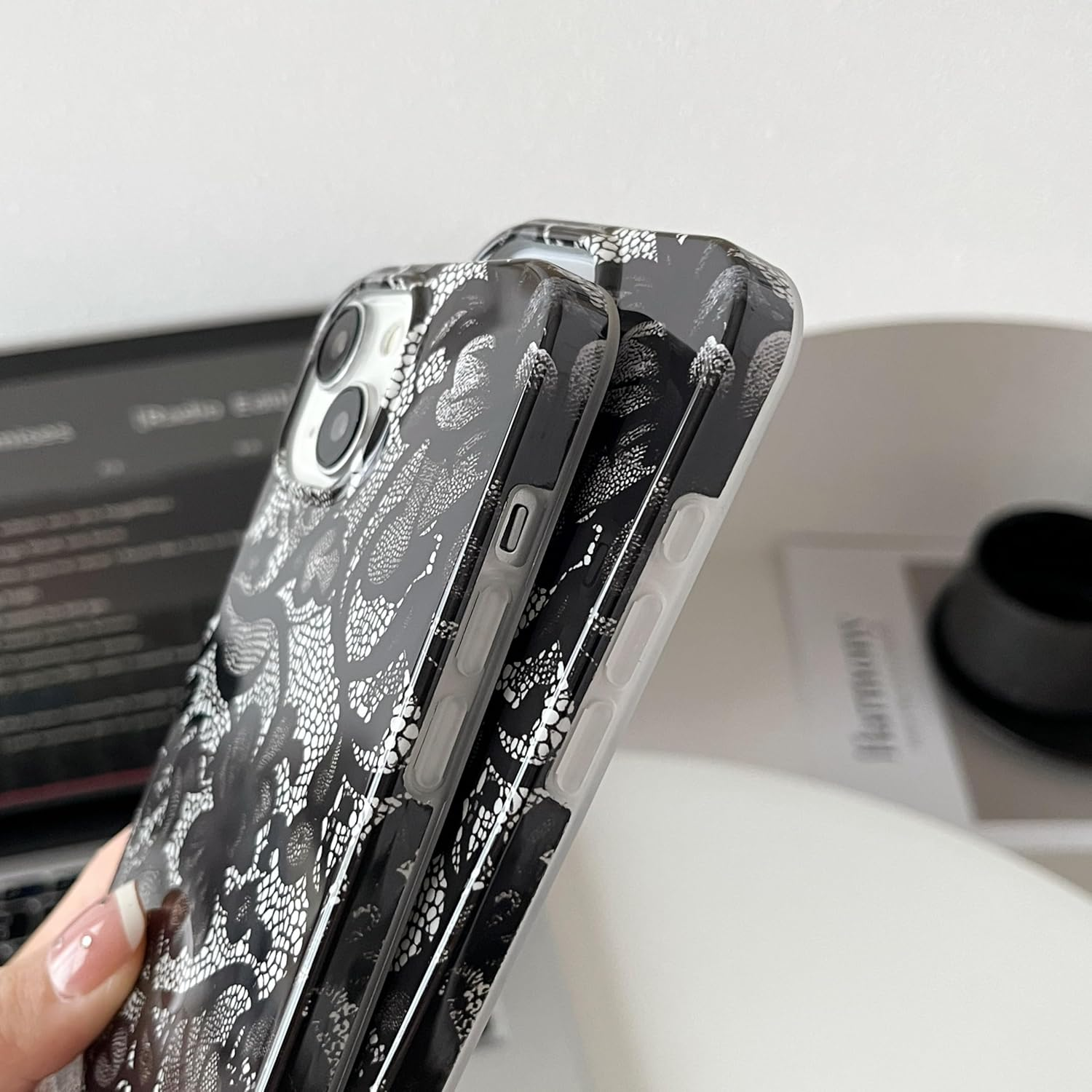 Smobea Iphone 14 Case, Black Lace Vintage Pattern Soft and Thin Shockproof TPU for Women and Girls - Black image number 2