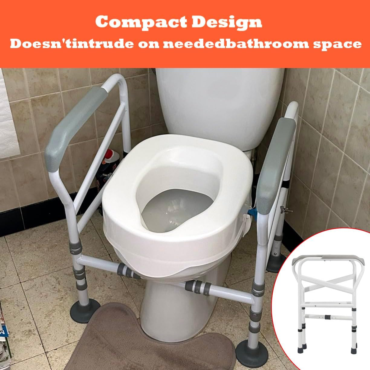 Foldable Toilet Safety Rails, Adjustable Width Height Toilet Frame with Large Suction Cups, Anti-Slip, Heavy Duty Toilet Handles for Elderly and Handicap Toilet Safety Rails Fit Any Toilets