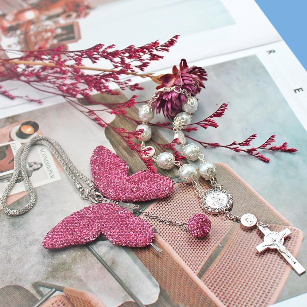2 Pcs Rear View Mirror Accessories for Women, SENHAI Bling Butterfly Diamond Car Mirror Hanging Accessories and Rosary Beads Catholic Cross Car Decor, Home Decor Valentine'S Day Gifts image number 4