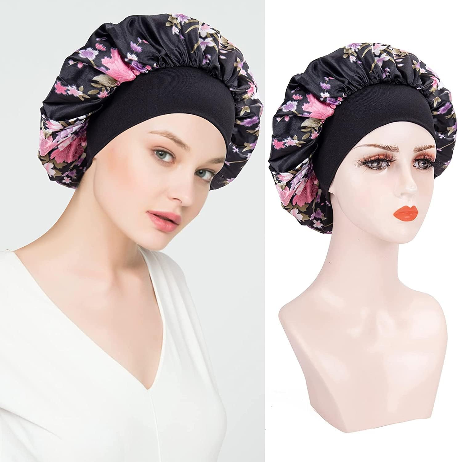 WUBAYI 3 Pcs Soft Satin Bonnet, Silk Bonnet Hair Wrap for Sleeping, Sleeping Hair Care Cap Bonnets, Night Sleeping Head Cover Sleeping Hat for Women and Girls Curly Hair image number 1