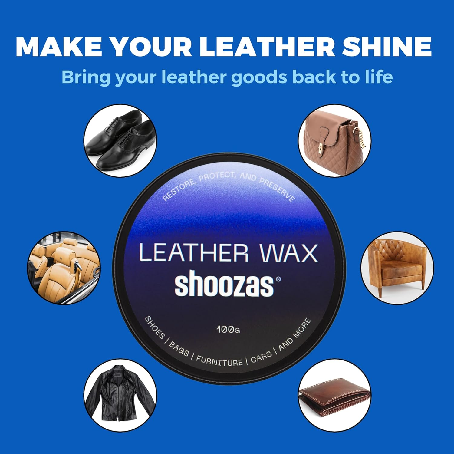 Shoozas Leather Wax - Restores, Protects, Preserves Leather Goods, Formulated with Natural Ingredients, Safe for Shoes, Bags, Furniture, Cars, and More image number 1